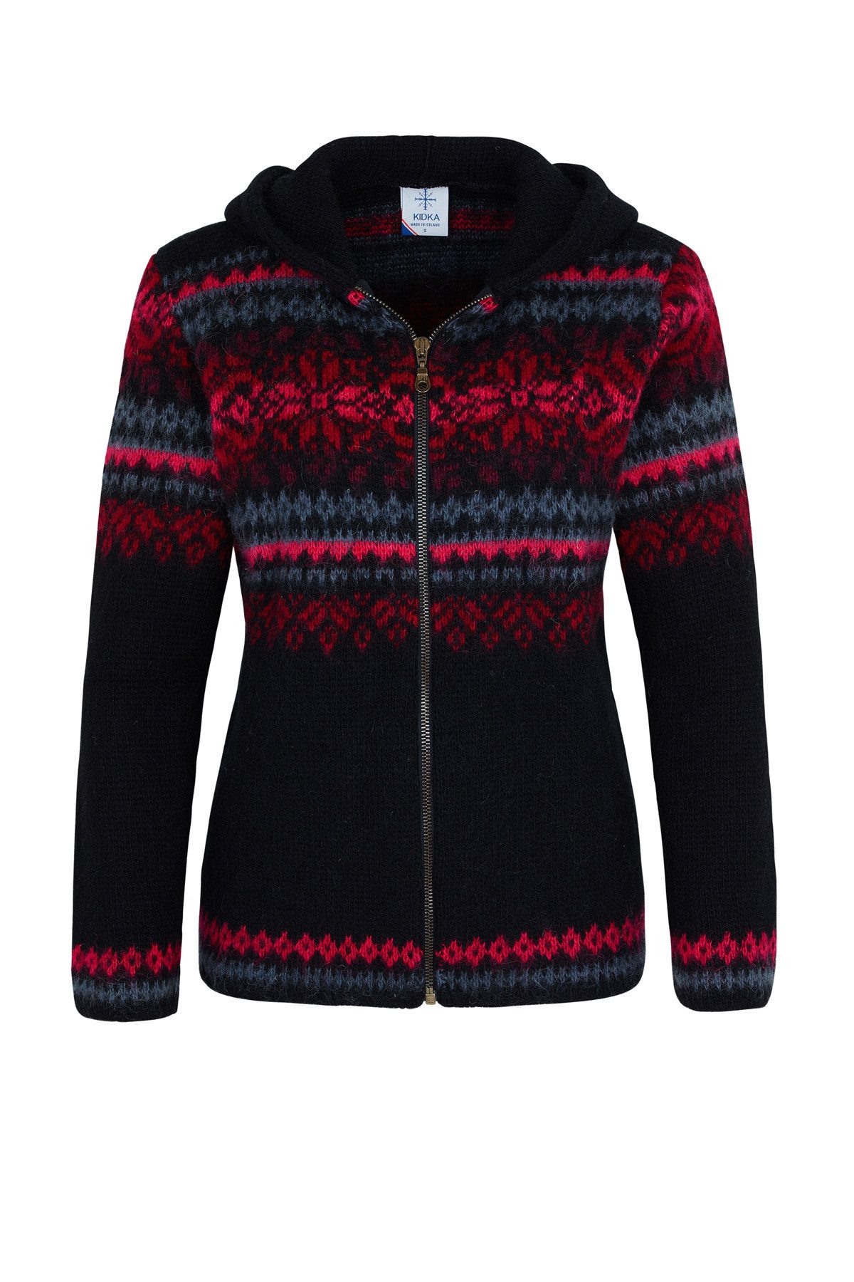 KIDKA Kapuzenstrickjacke - Wollstrickjacke für Damen - Farbe schwarz-rot-pi günstig online kaufen