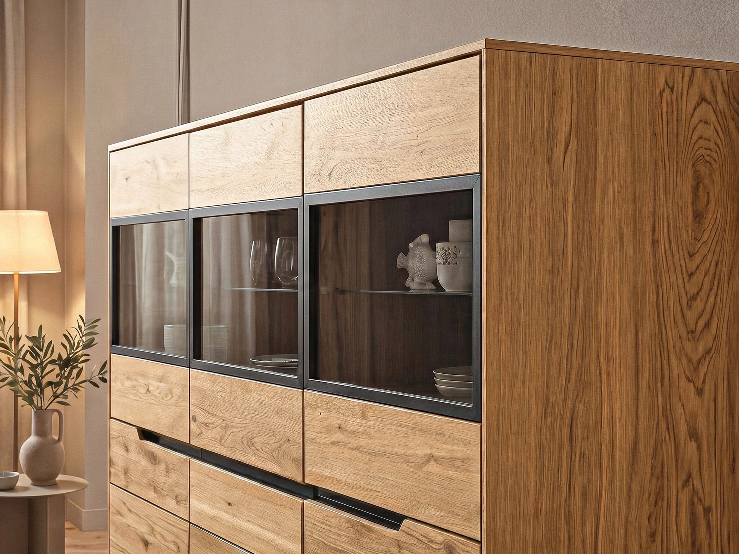 Massivart® Highboard 153 cm Breite Massivholz Wildeiche geölt »ARAYA«, 3 Glastüren · 3 Drehtüren · 6 Einlegeböden · schwarze Griffmulden – Bild 5 von 5