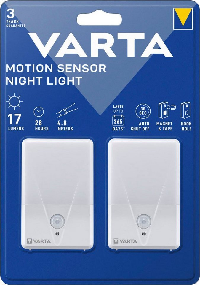 VARTA Nachtlicht VARTA Motion Sensor Nachtlicht Set (2 Stck), LED fest  integriert, Warmweiß, Bewegungserkennung innerhalb von 3 m und einem Radius  von 120°
