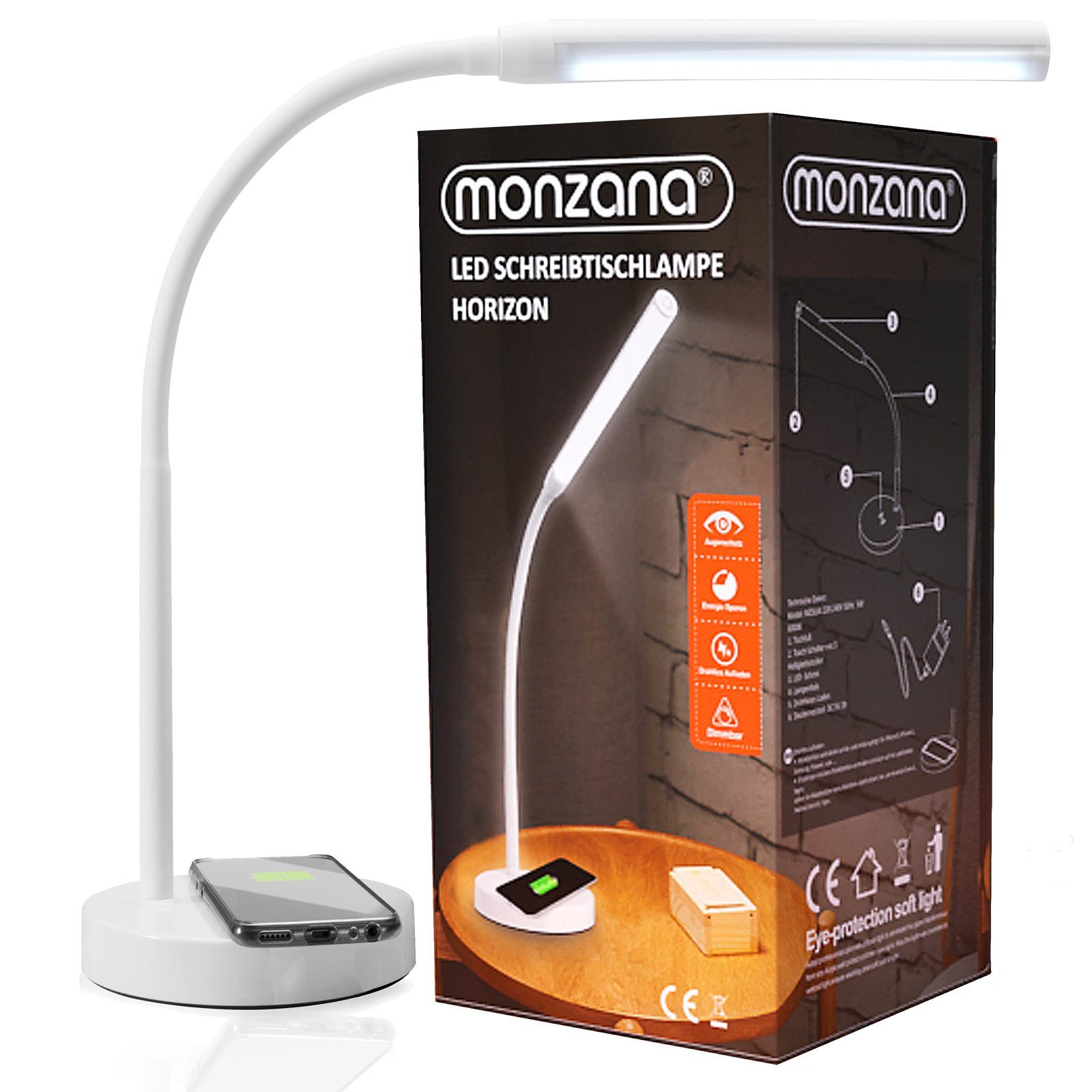 monzana Tischleuchte, LED - fest verbaut, kabelloses Laden QI Dimmbar Touch  3 Helligkeitsstufen LED Flexibel