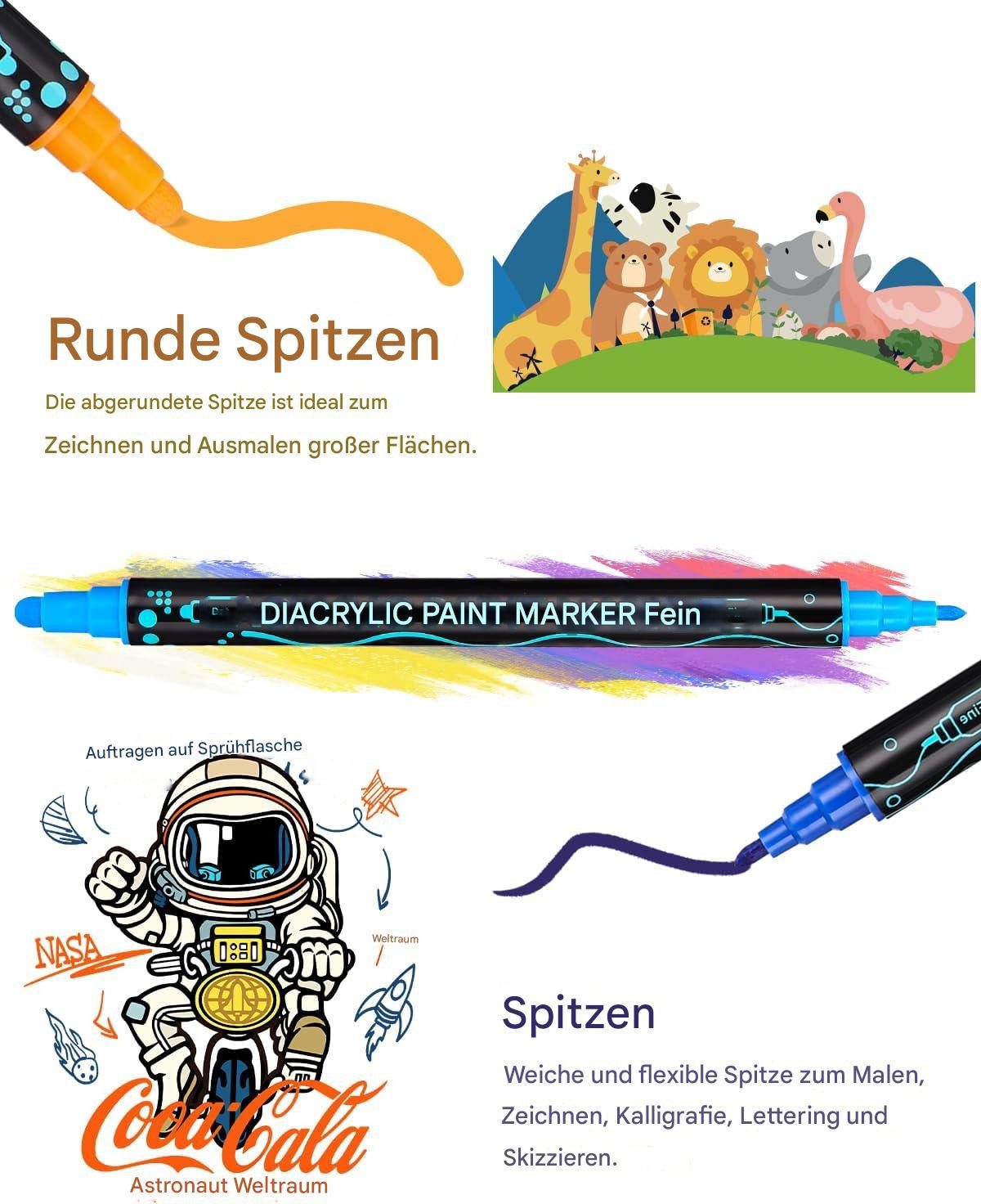 SinLaw Copic Marker 24 Farben Acrylfarbe doppelseitige Acrylmarker, permanentes Acryl, (24-tlg), Doppelkopf-Design, verblasst nicht leicht