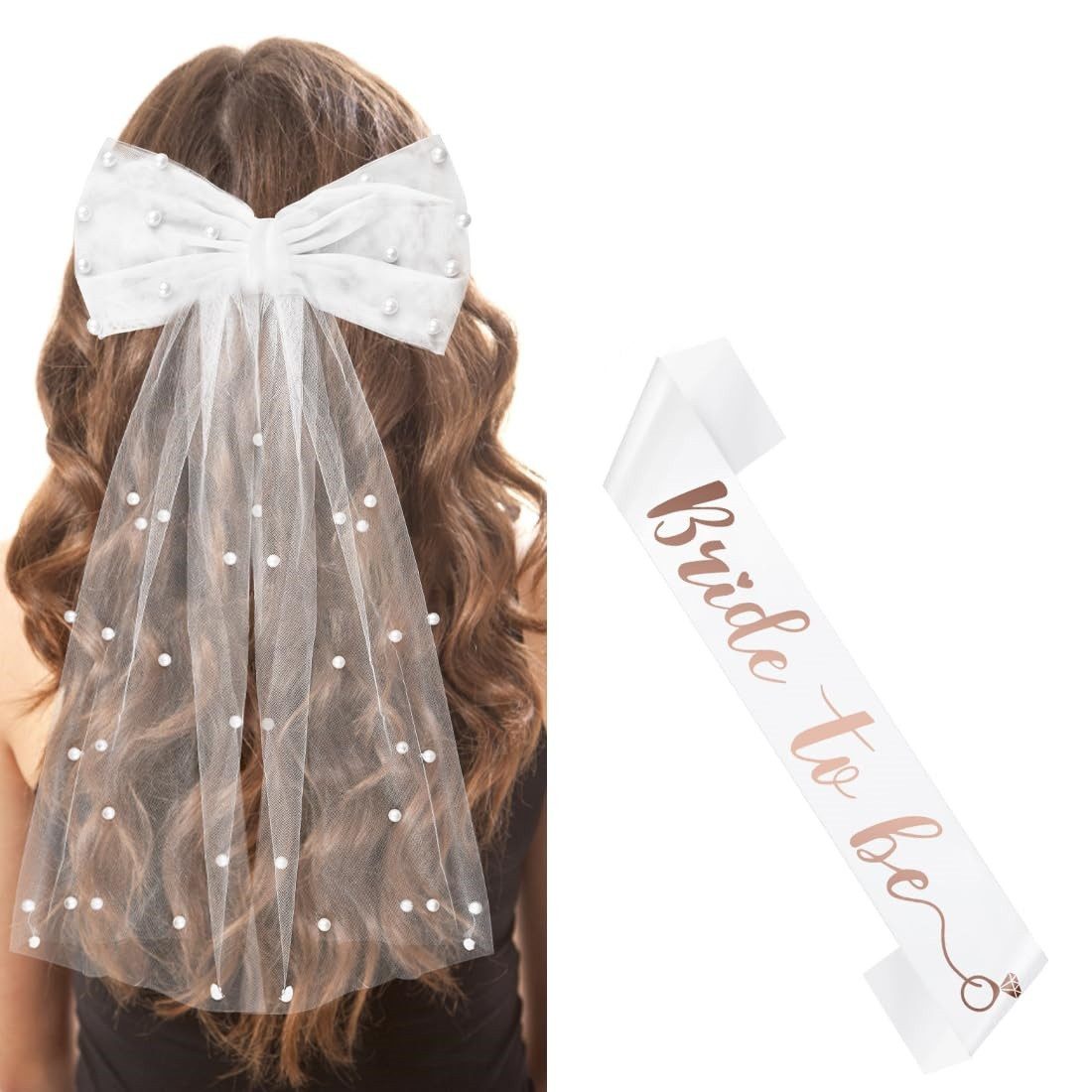 FOUORTUNATE-BEE Haarspange JGA Braut Accessoires Set – Schleier Haarclip & Braut Schärpe Weiß, Braut JGA Set mit Schleier Haarclip und weißer Schärpe Accessoires