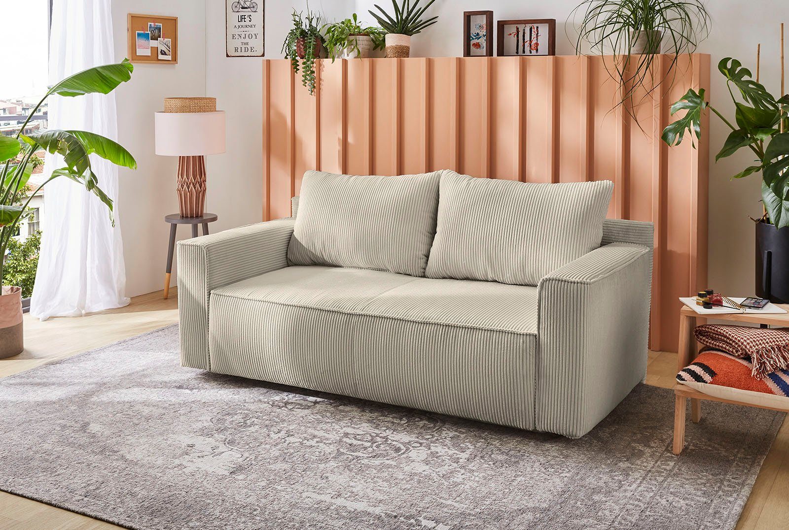 Jockenhöfer Gruppe Schlafsofa Ron, Platzsparendes Sofa mit Gästebettfunktion, Federkernpolsterung grau-beige | grau-beige
