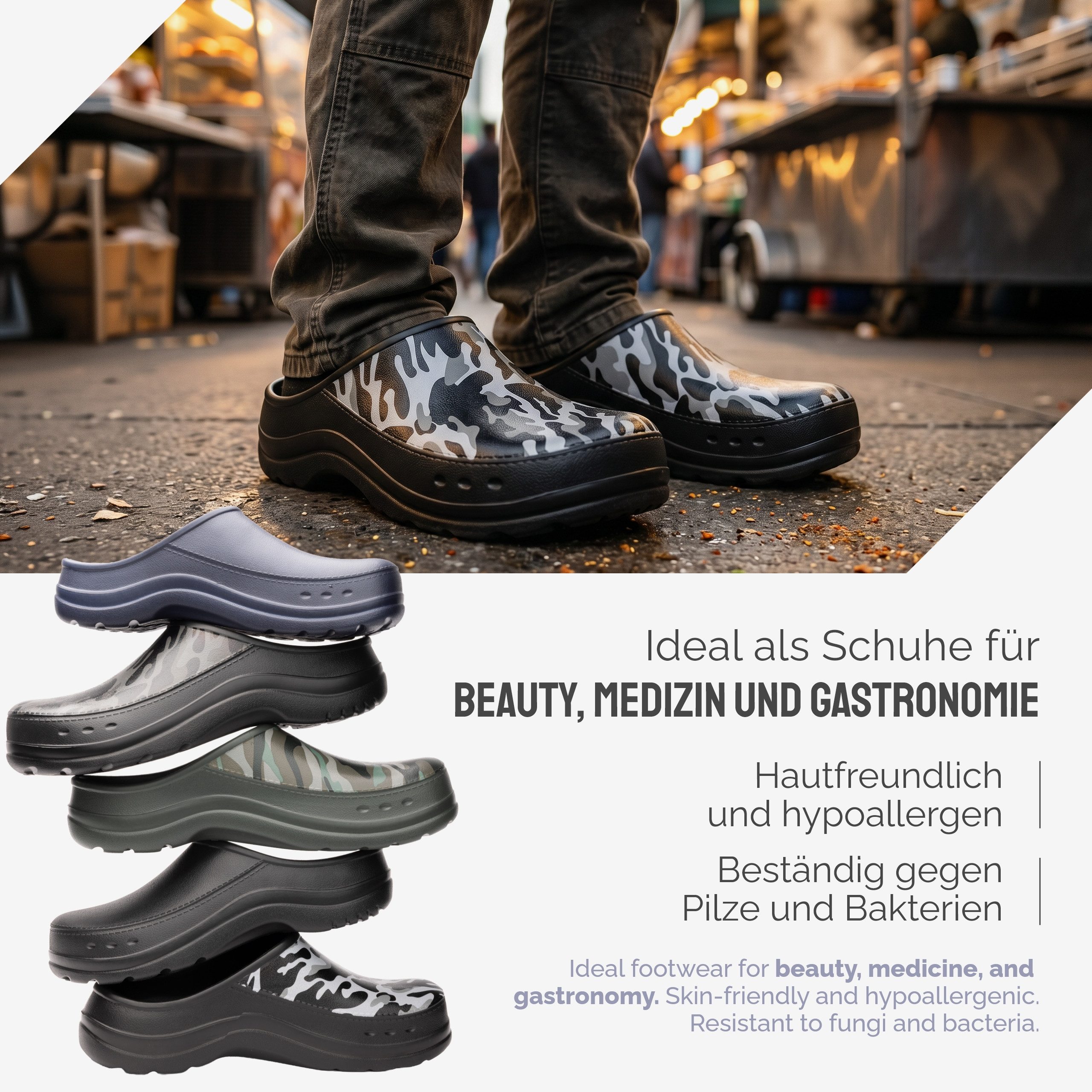 Ladeheid Gartenclogs für Herren Ultraleicht EVA Gartenschuhe LA-CA-26 Clog (40 EU, Schwarz/Weiß Tarnmuster) Wasserdicht & Flexibel – Bild 5 von 5