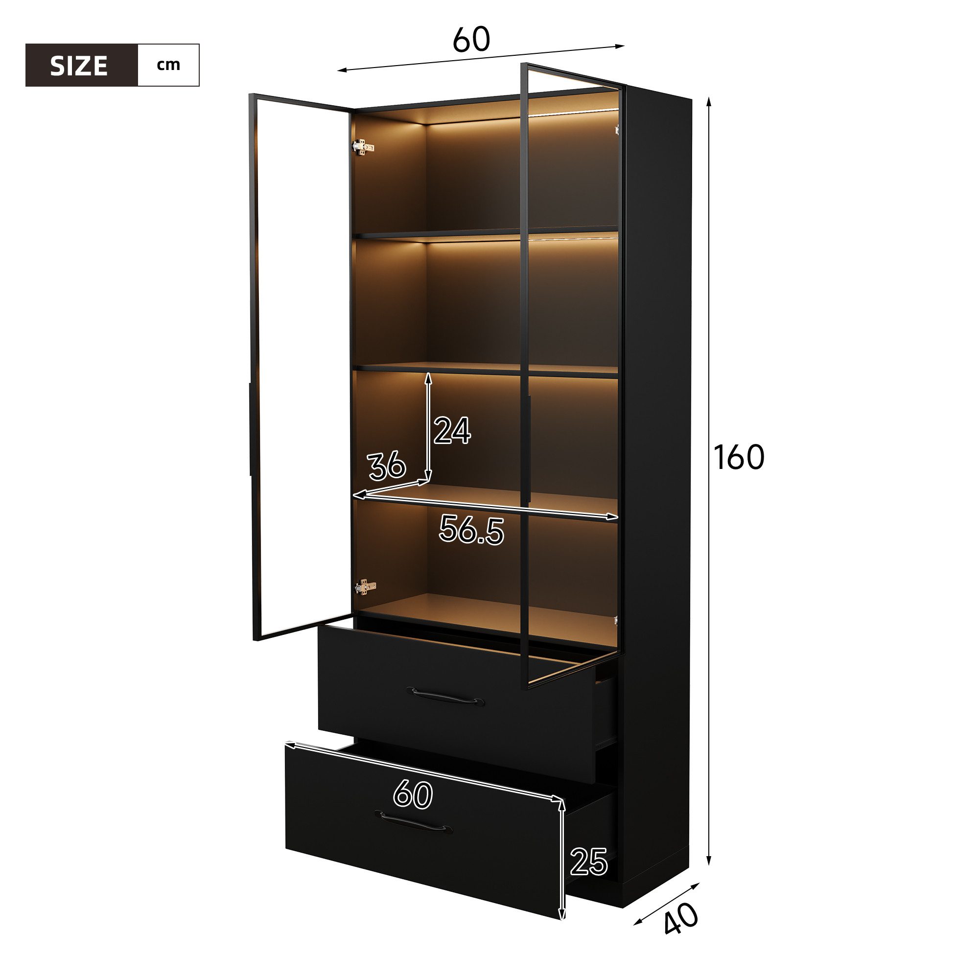 Flieks Vitrine Glasvitrine mit LED-Beleuchtung, glastüren und Schubladen (Maße: B60/T40/H160 cm, 1-St., Schrank für Wohnzimmer, Schlafzimmer, Arbeitszimmer und  – Bild 4 von 5