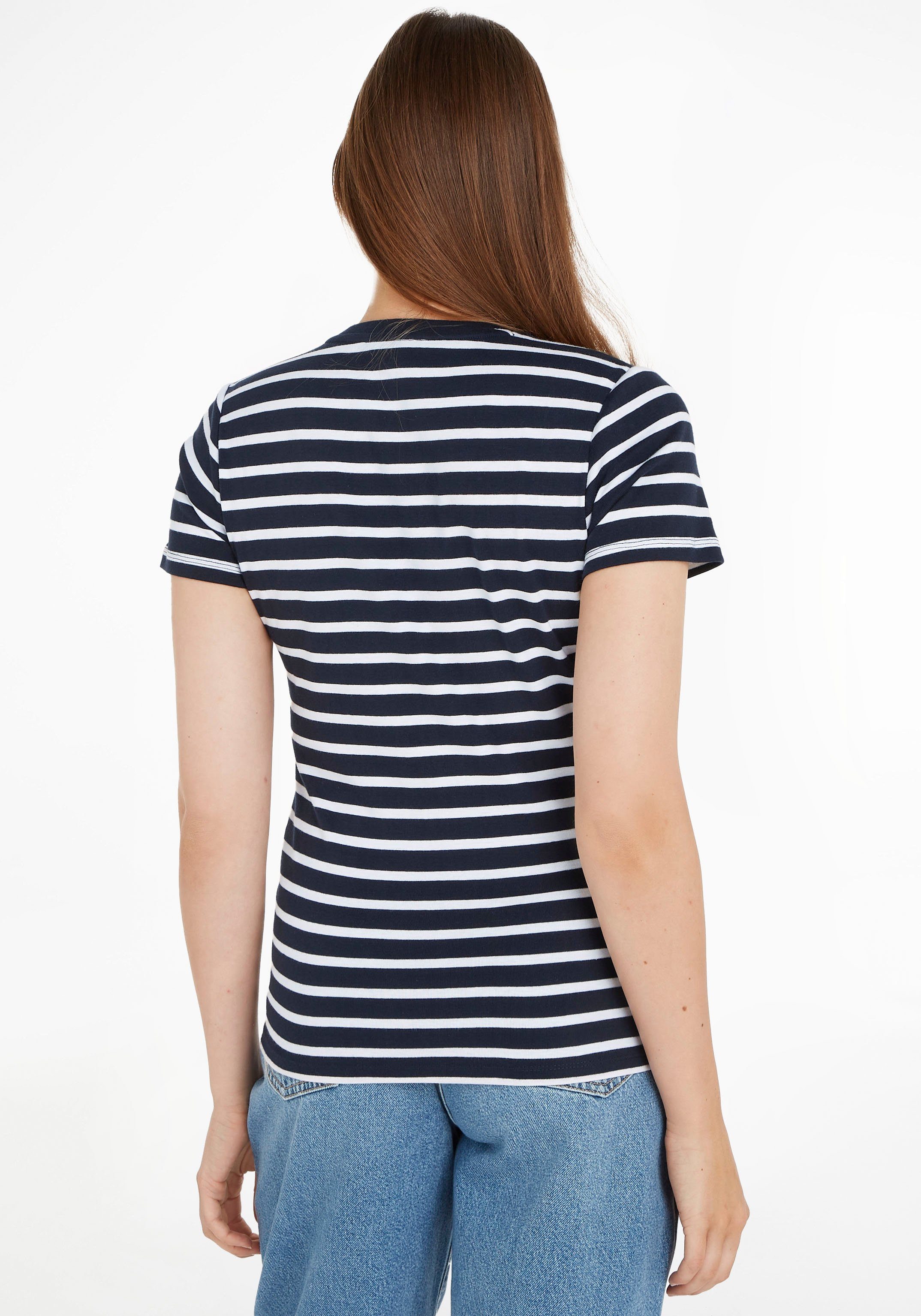 Tommy Hilfiger T-Shirt RIB W Desert CODY Sky/ SLIM White Breton V-NECK Logostickerei Stp mit SS (dunkelblau) dezenter