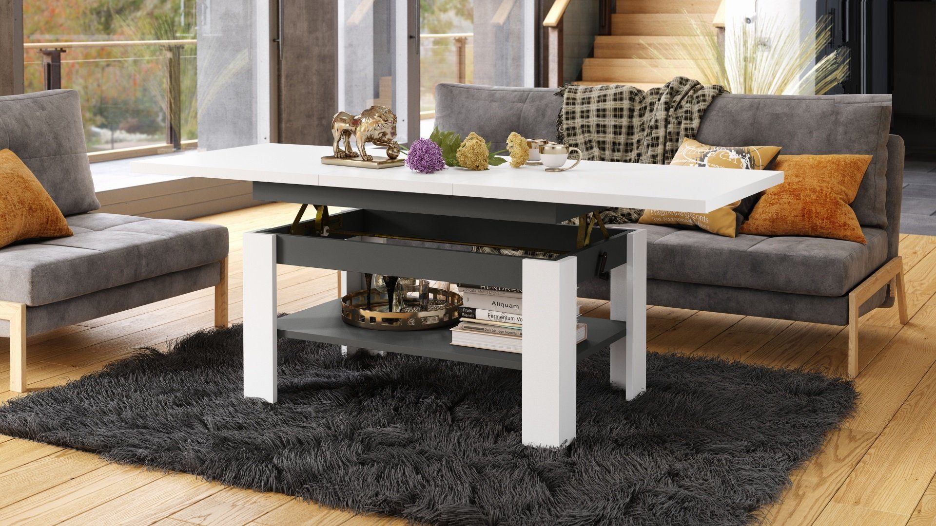 matt 130 - ausziehbar Anthrazit Rio Design Couchtisch 67cm - stufenlos matt 170cm Mazzoni höhenverstellbar / Weiß 55