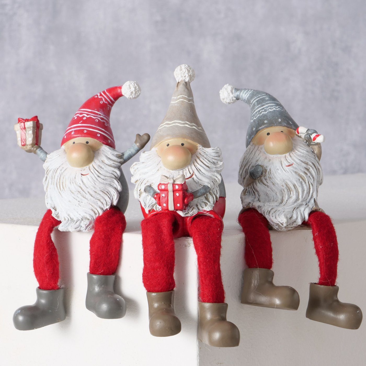 Wichtel 3er Set Kantenhocker Wichtel Fiete – Weihnachtsdeko in Rot und Grau
