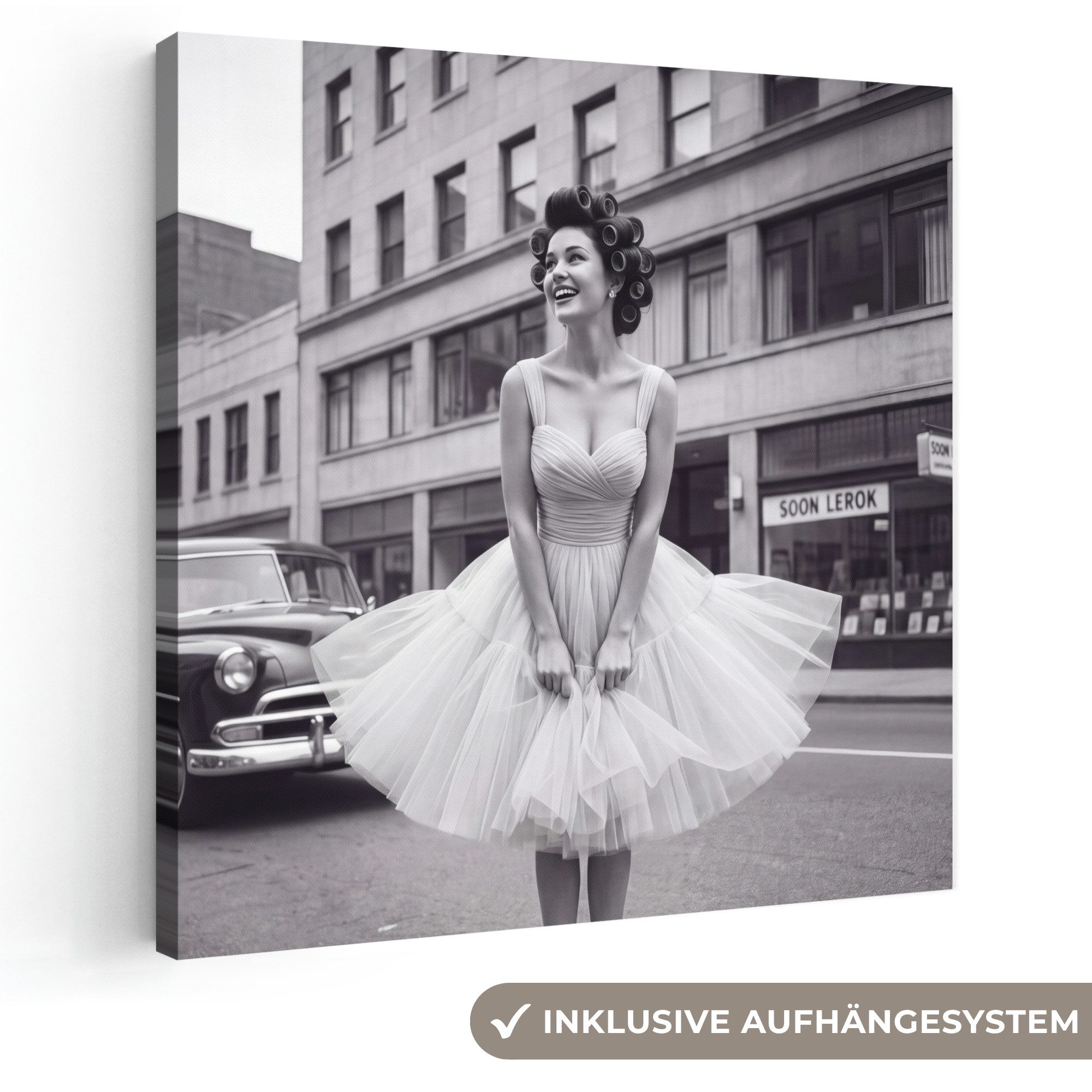 OneMillionCanvasses® Leinwandbild Retro - Frau - Schwarz - Weiß, Fotodruck (1 St), Wandbild, Deko Schlafzimmer Wohnzimmer Flur 20x20 cm
