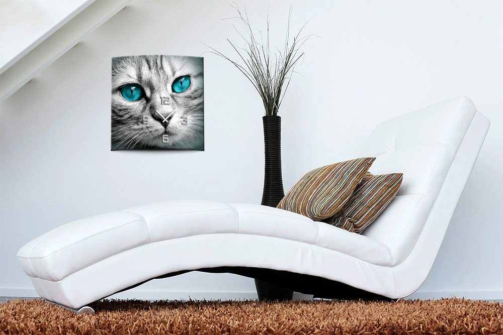 (Einzigartige cm XXL Dixtime 50x50 3D-Optik Uhrwerk Augen Katze leises 3D Wanduhr Wanduhr 4mm Optik Alu-Dibond) aus blaue dixtime
