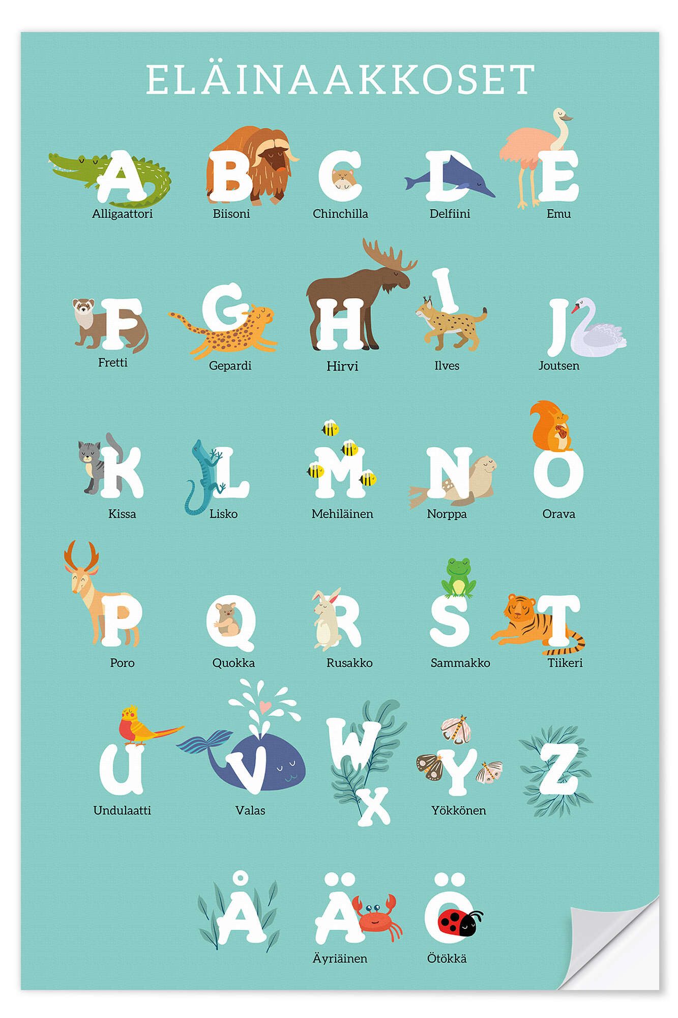 Posterlounge Wandbild Tieralphabet (finnisch), Kidz Collection, erhältlich als Poster, Leinwandbild, Wandsticker oder Acrylglasbild