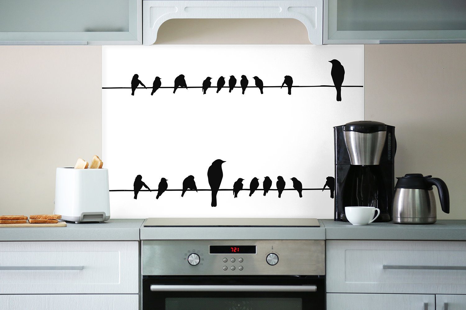 Wallario Küchenrückwand Vögel auf Stromleitung, einer (1-tlg)