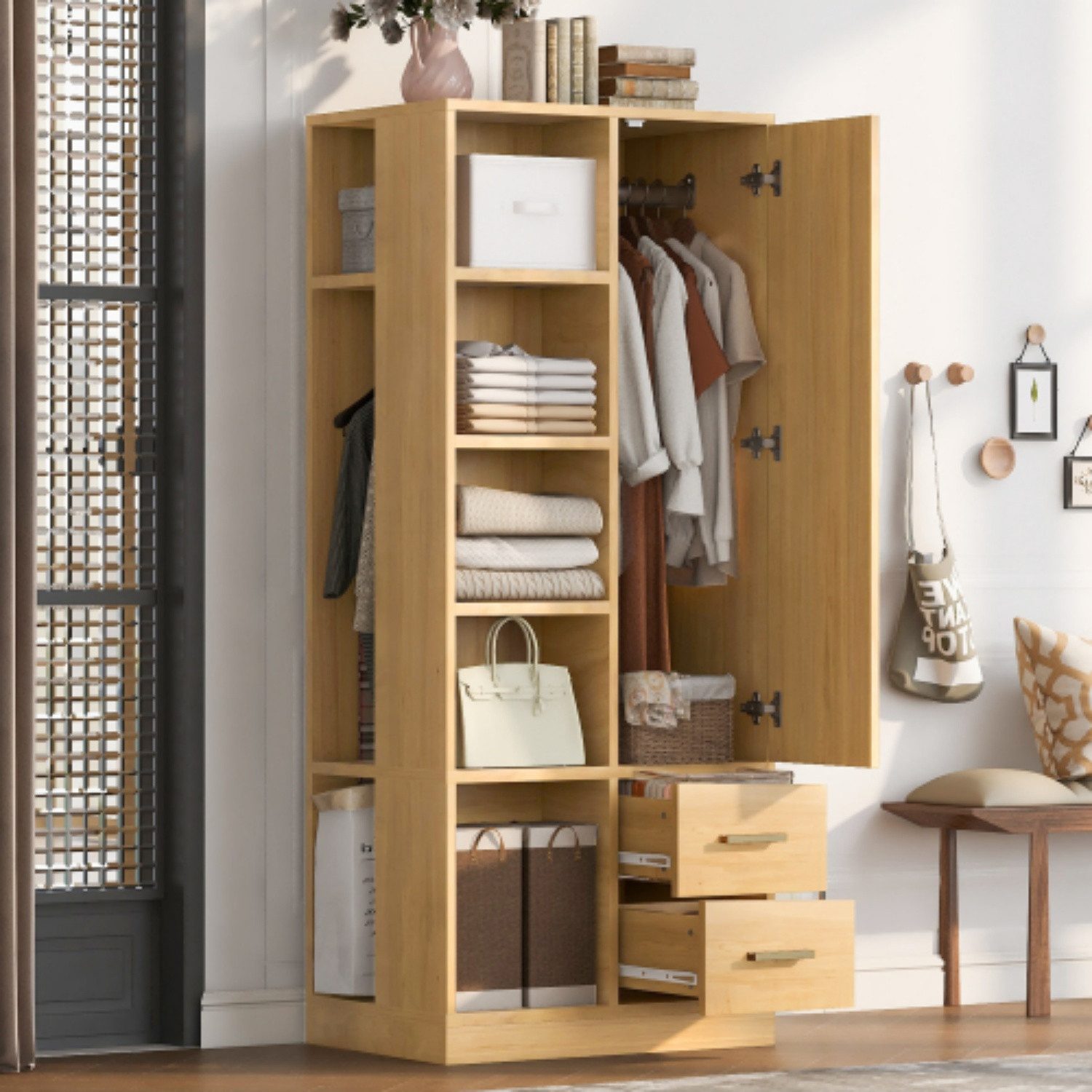 ANYSUN Drehtürenschrank Kleiderschrank 70cm schmal mit 2 Schubladen & 2 Kleiderstangen (Einzelstück, 1-tlg) Mit Regalfächern & viel Stauraum für Schlaf-, Gäste- & Ankleidezimmer