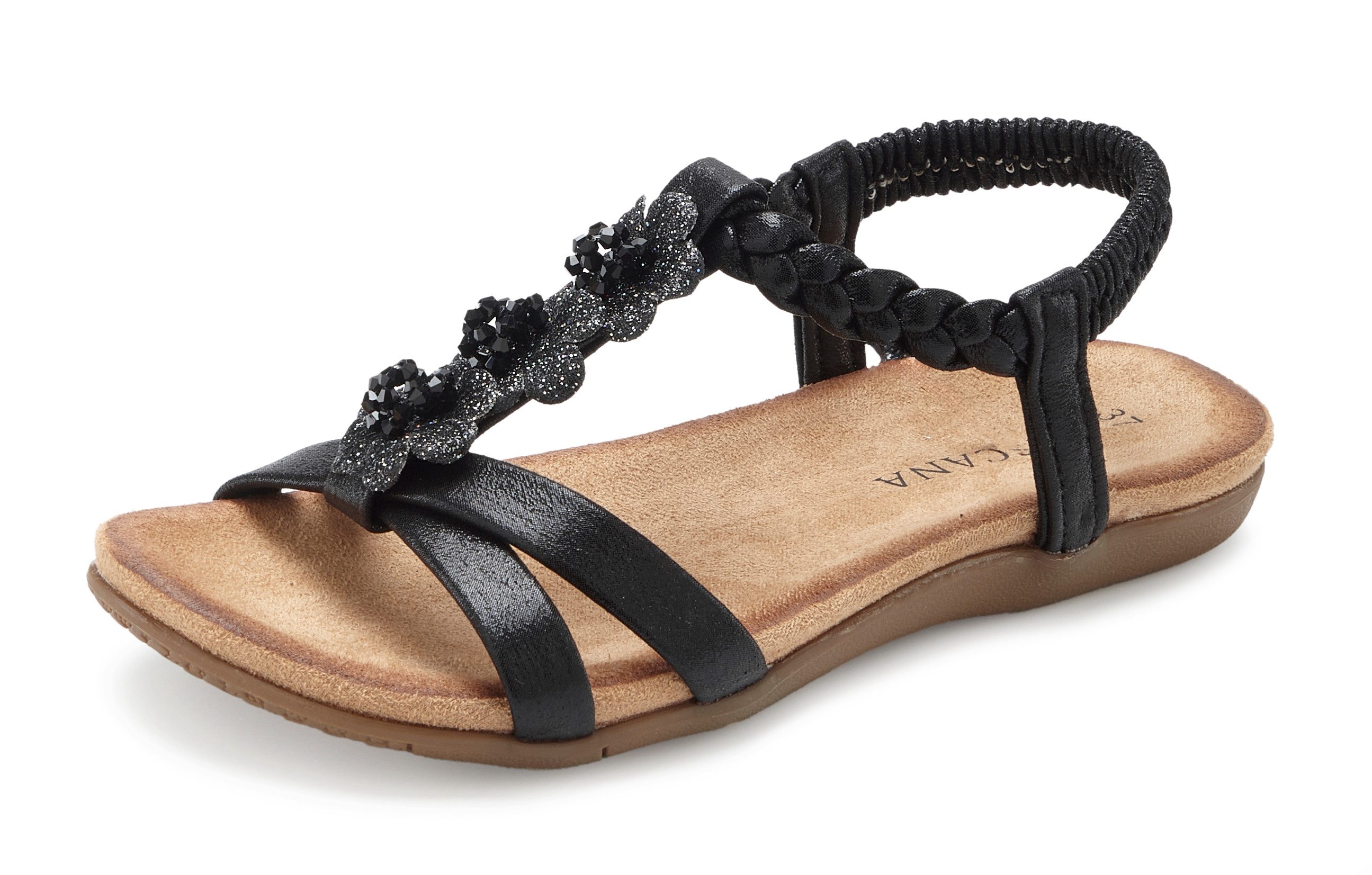 LASCANA Sommerschuh, Sandalette, offener Schuh, Sandale mit eleganten Schmucksteinchen und elastischem Riemchen