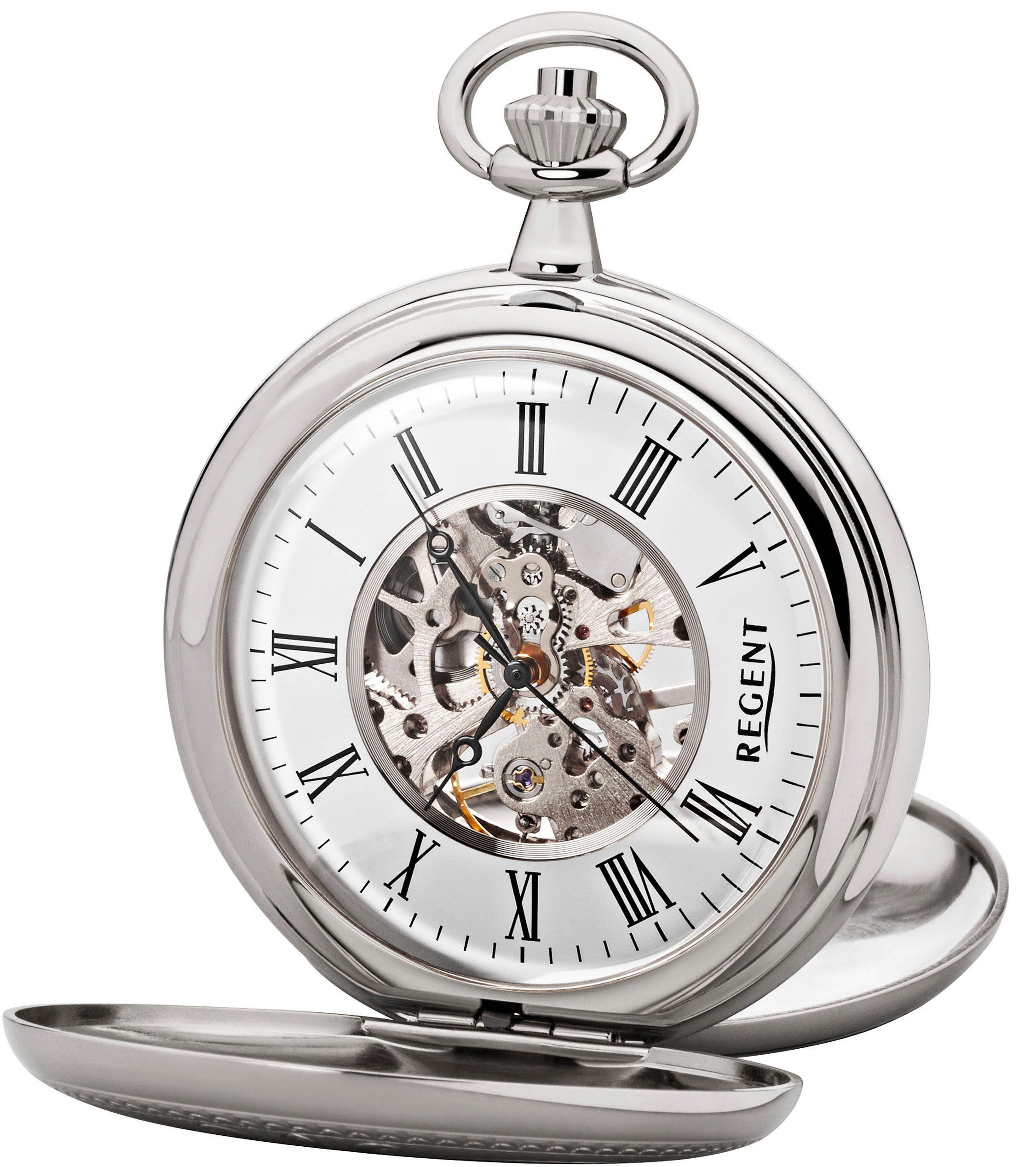 Regent Taschenuhr P704-19377740, (Set, 2-tlg., mit dazu passender Kette), Herrenuhr, Handaufzug, skelettiertes Zifferblatt, Geschenkidee