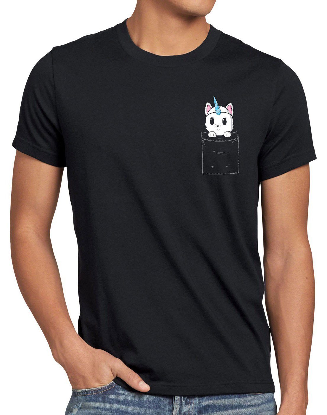 style3 Print-Shirt Herren T-Shirt Cat Einhorn Brusttasche lustig Katze tasche Pocket Unicorn Fun schwarz