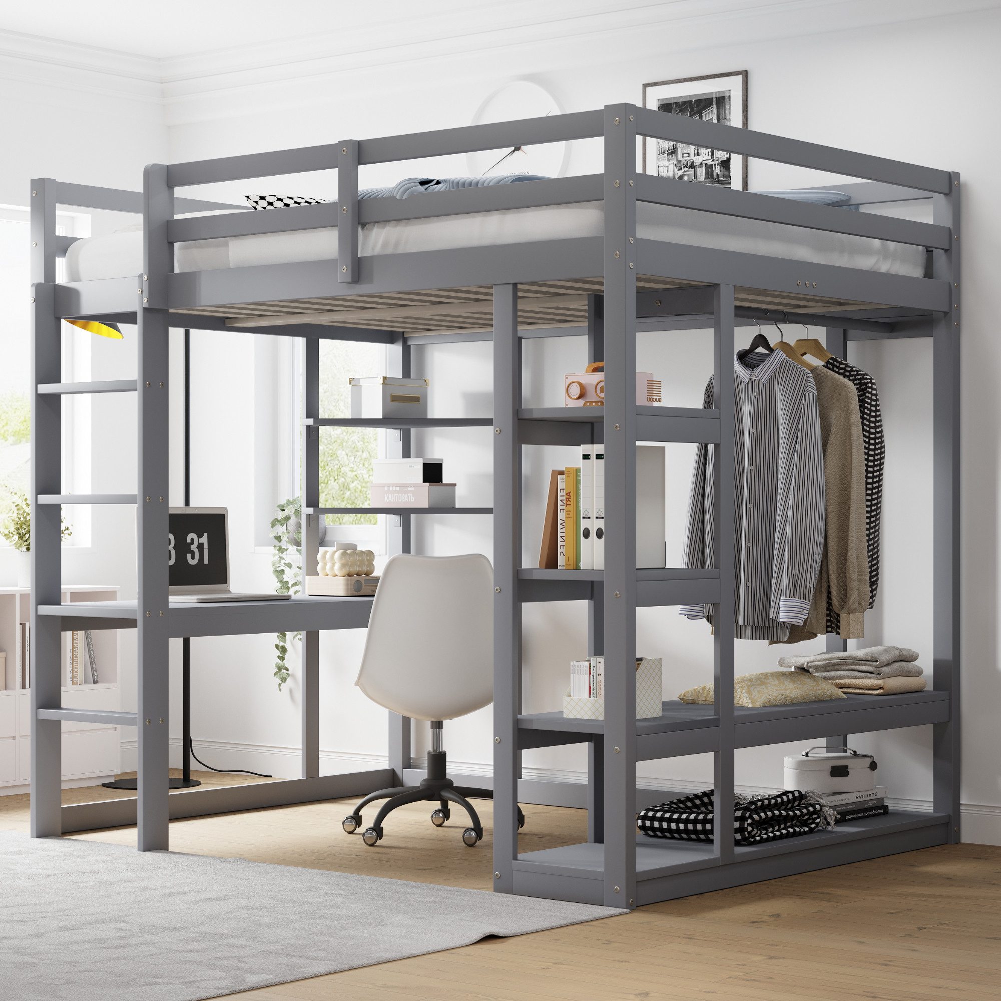 Merax Hochbett mit Stauraum und Sicherheitsleiter, Kieferholz Jugendbett (1-St) Kinderbett 140x200cm mit Schreibtisch Regalen und offener Garderobe