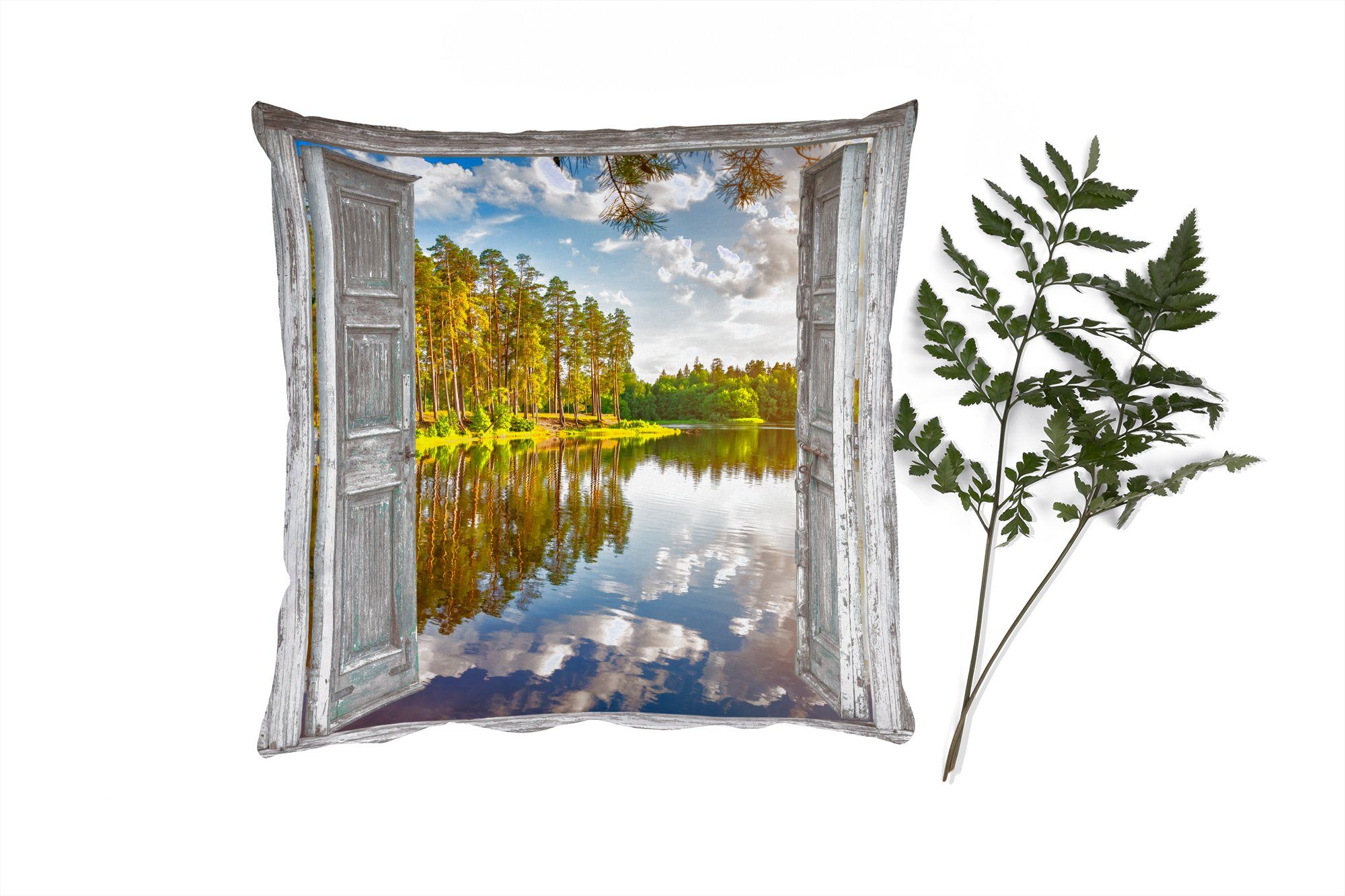 MuchoWow Dekokissen Wasser - Landschaft - Fenster - Aussicht, Zierkissen mit Füllung für Wohzimmer, Schlafzimmer, Deko, Sofakissen