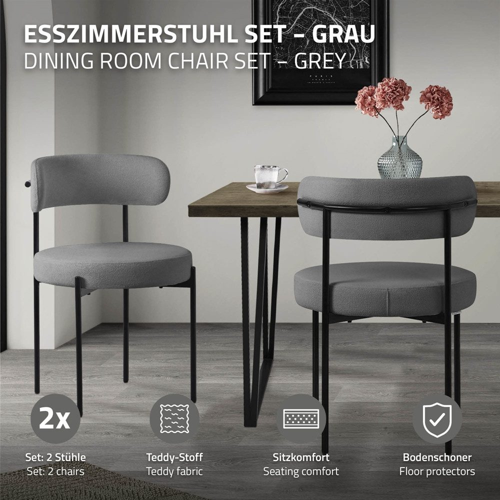 ML-DESIGN Polsterstuhl Esszimmerstühle Gruppe Küchenstuhl aus Teddystoff mit Metallbeinen (2 St), Clubstuhl 2er Set Wohnzimmerstuhl Grau moderne Design Lounge S – Bild 2 von 5