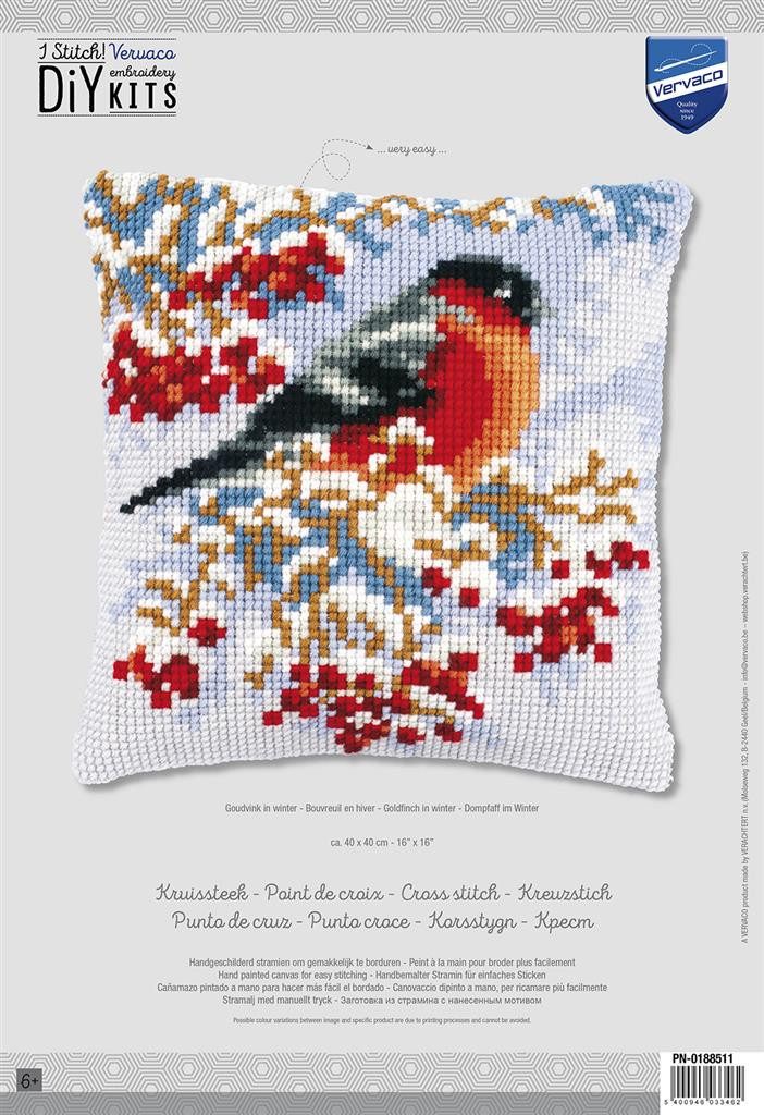 Vervaco Kreativset Vervaco PN-0188511 Kreuzstichkissen Dompfaff im Winter, (Set, embroidery Kit), Made in Europe