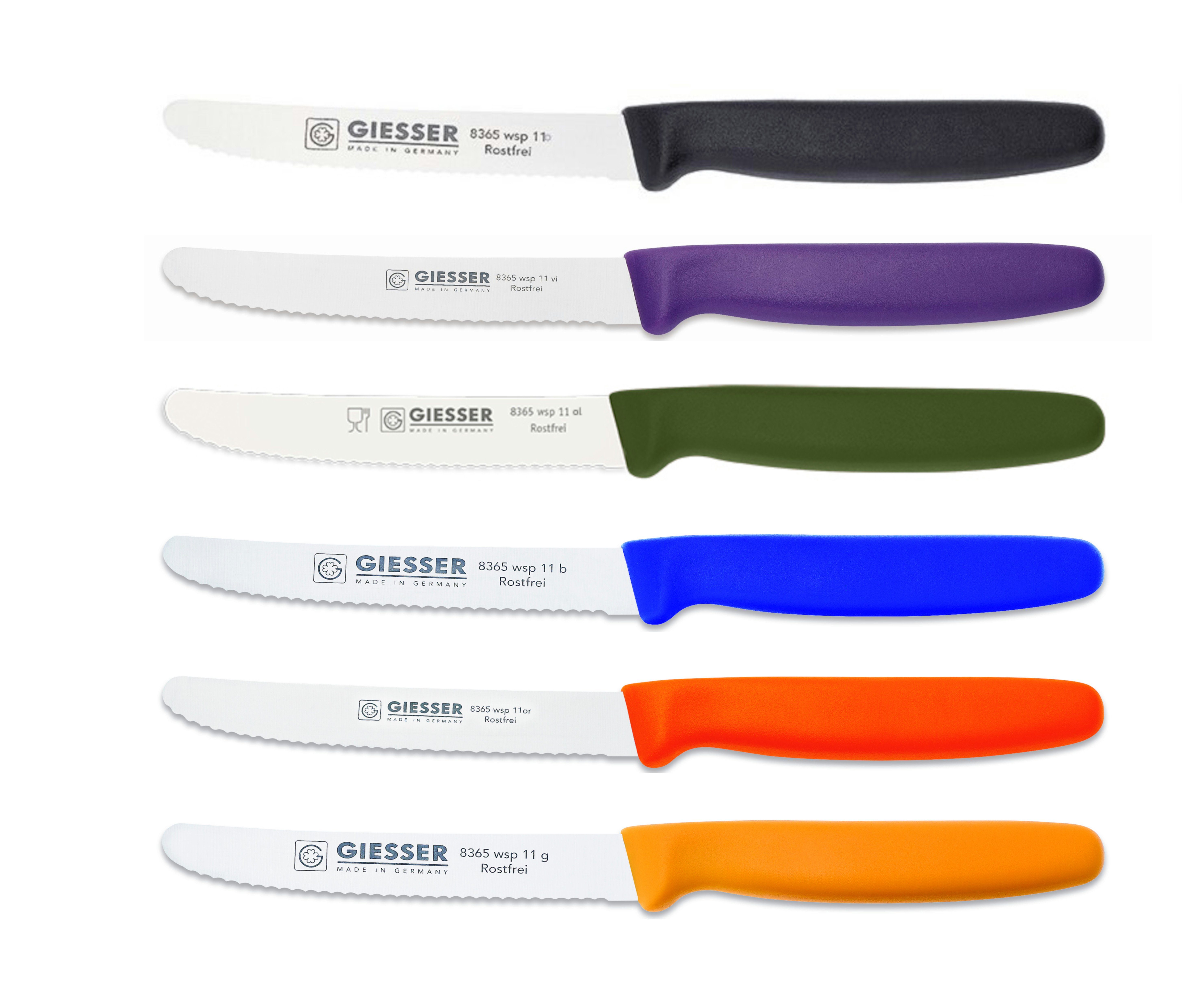 GIESSER Tomatenmesser Brötchenmesser 8365 wsp 11-6, 6er Set bunt gemischt; 3mm Wellenschliff; extrem Scharf