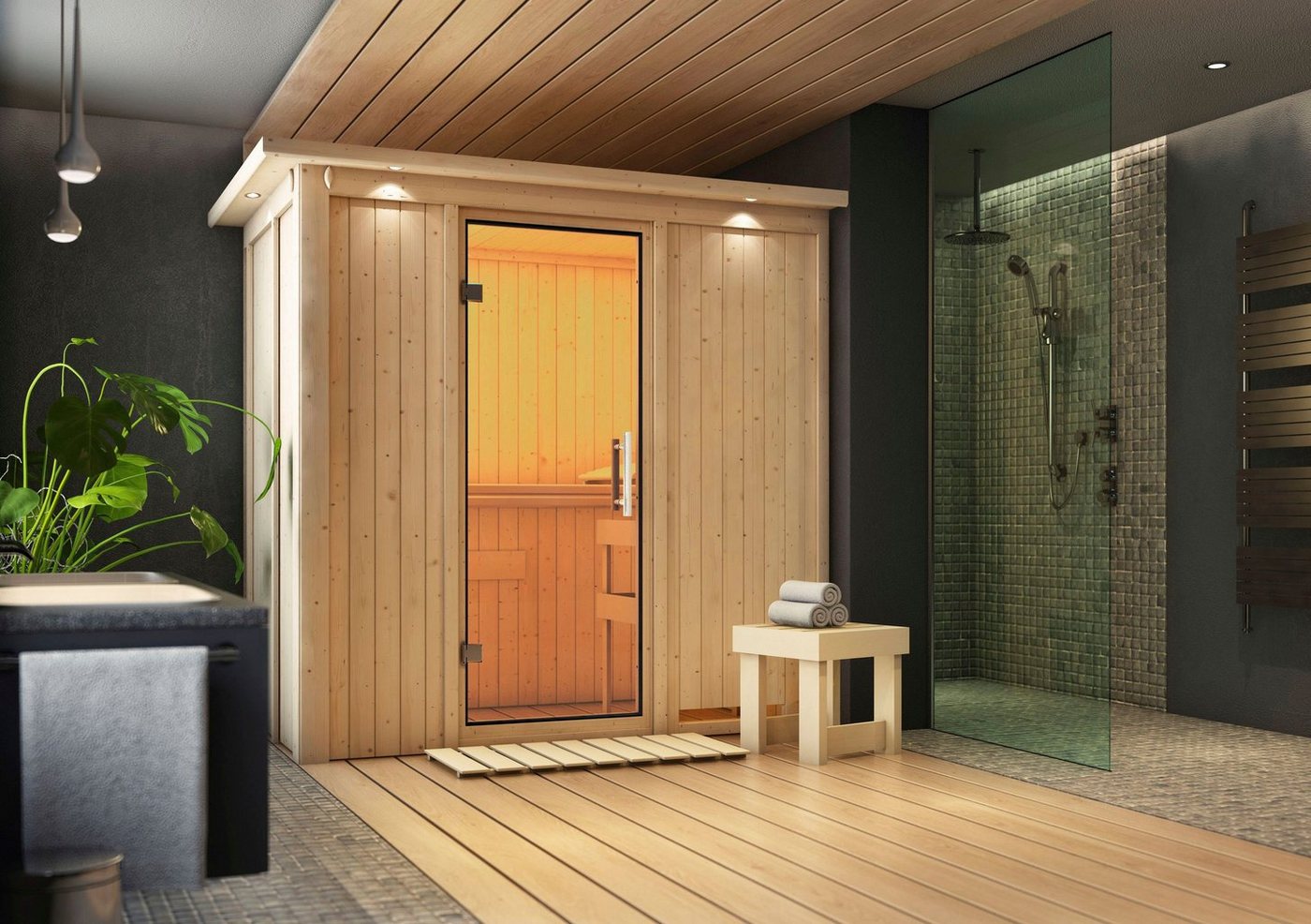 Thumbnail - Karibu Sauna Vada, BxTxH: 210 x 132 x 202 cm, 68 mm, (Set) 9 KW-Ofen mit integrierter Steuerung