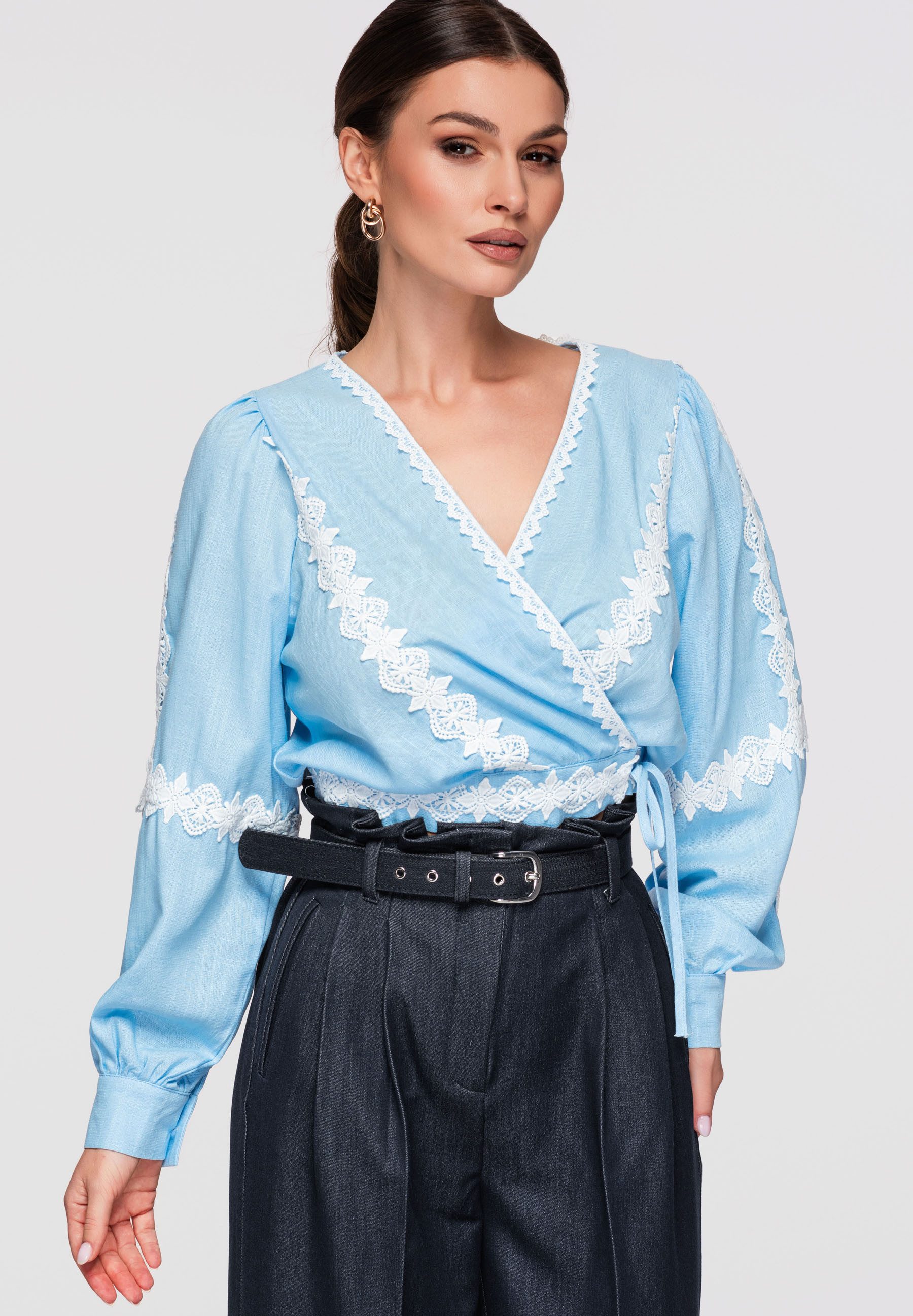 OMBRE Hemdbluse Damen Bluse Wickeldesign Kurz Elegant Blau S (kein Set, 1-tlg) Wickeldesign, tailliert