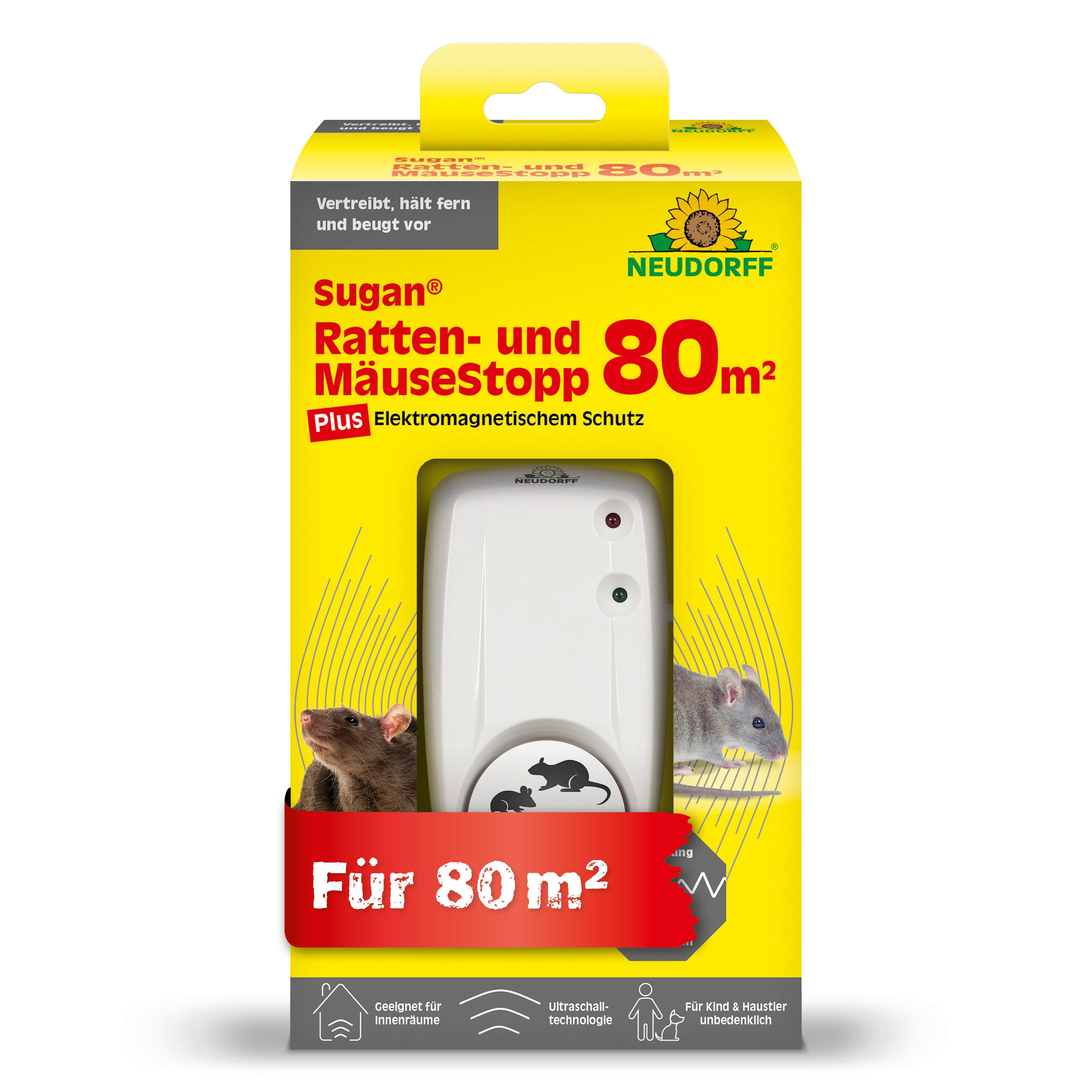 Neudorff Ultraschall-Tierabwehr Sugan Ratten- und MäuseStopp (für 80 m) 1 Stk., Ultraschallgerät mit elektromagnetischen Impulsen, Für trockene Innenräume bis 80 m², Ultraschall mit zusätzlichen elektromagnetischen Impulsen