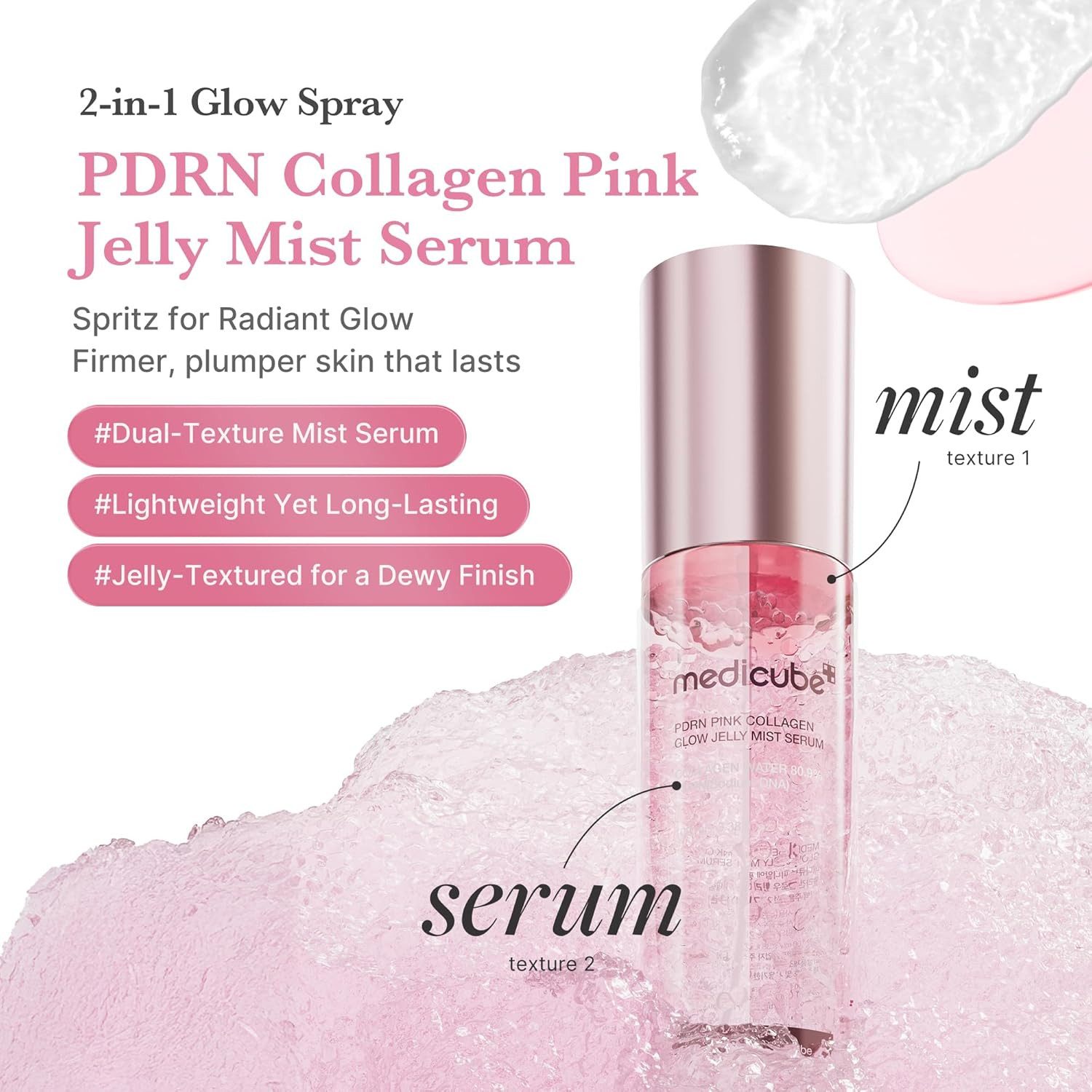 Medicube Gesichtsserum PDRN Pink Collagen Glow Jelly Mist Serum 100ml – Dual Texture Serum Mist Spray mit Niacinamide, Glutathione & Hyaluronic Acid – Hydration, Glow Jelly Mist Serum 100ml für strahlende Hautpflege