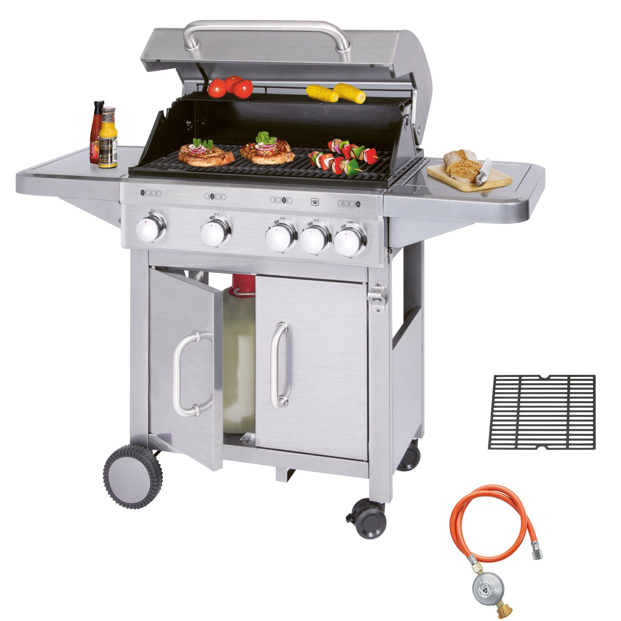ProfiCook Gasgrill PC-GG 1181, 4 Brenner aus Edelstahl + zusätzliche Kochstelle (4+1)