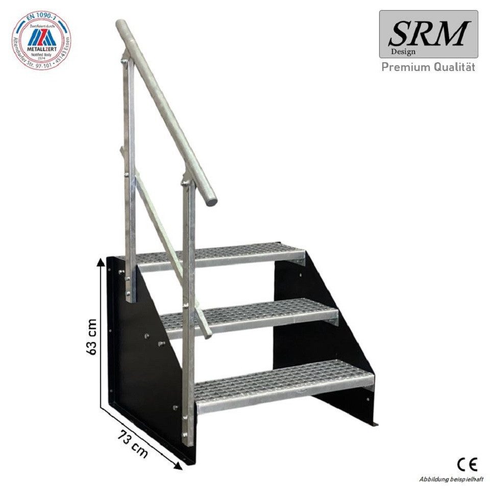 SRM Design Außentreppe 3 Stufen Standtreppe Schwarz, Breite 60cm, Höhe 63cm 1x Geländer