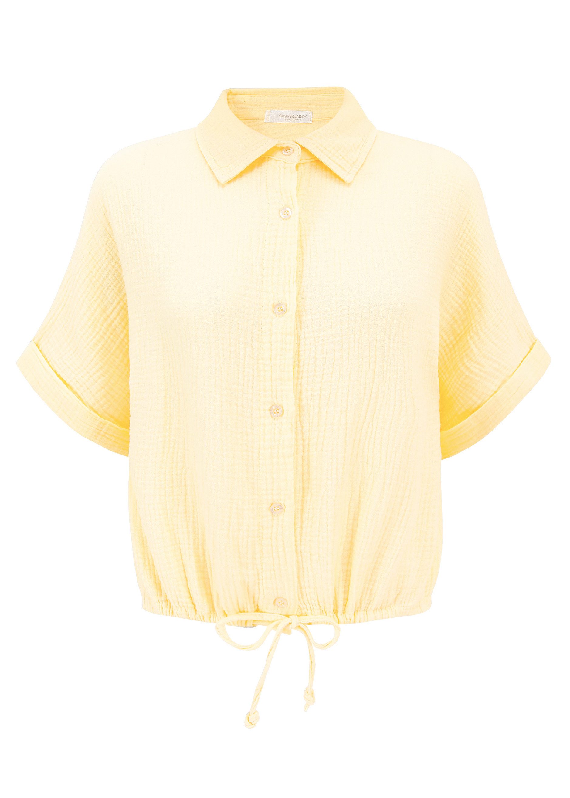 SASSYCLASSY Langarmbluse Musselin Bluse mit Zugband für Damen Cropped Baumw günstig online kaufen