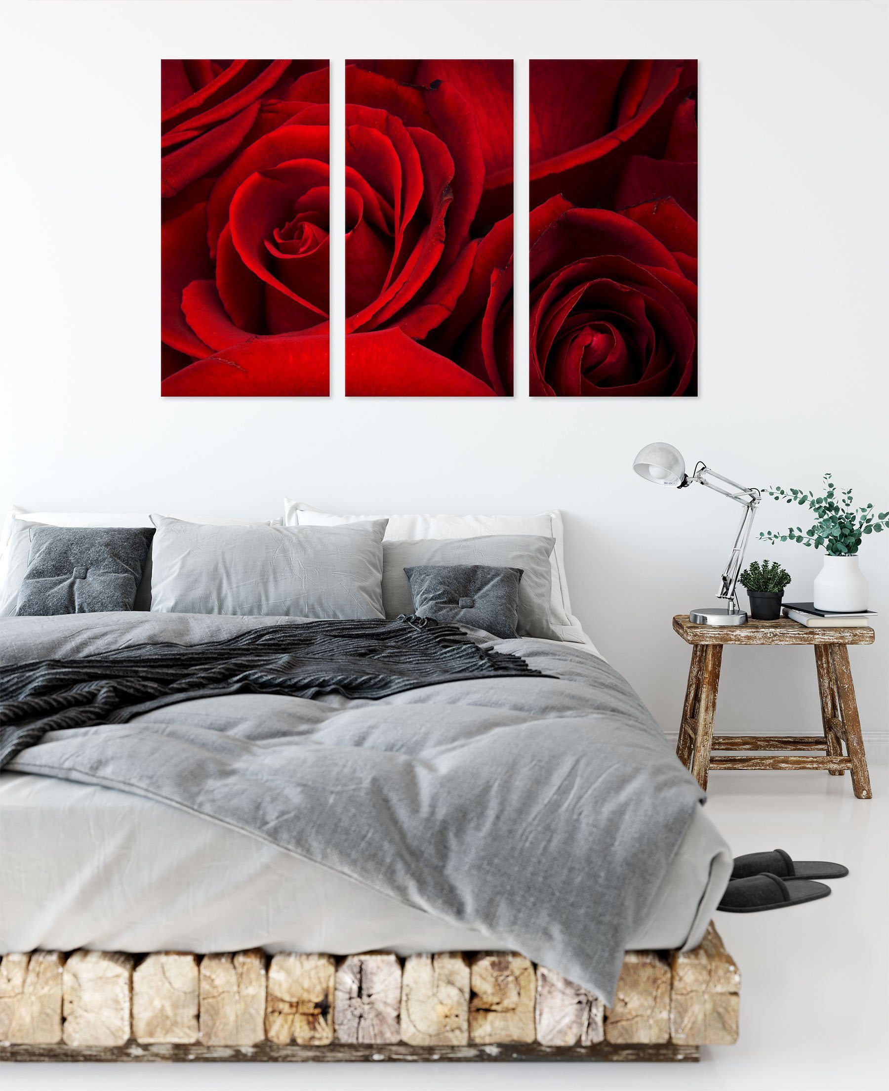 Pixxprint Leinwandbild rote Rosen, Zackenaufhänger inkl. (1 (120x80cm) rote 3Teiler St), bespannt, Rosen fertig Leinwandbild