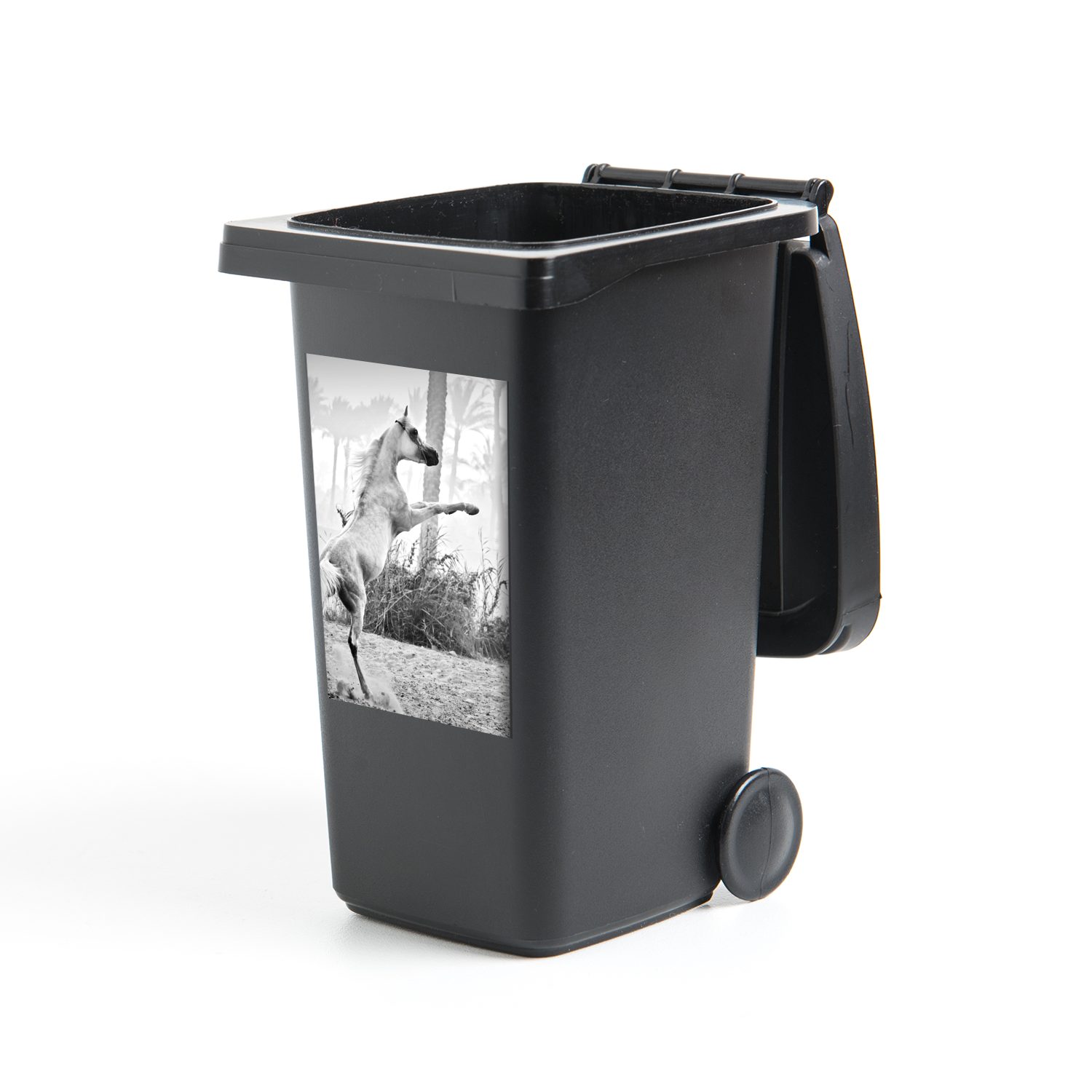 MuchoWow Wandsticker Tänzelndes schwarz Container, Mülleimer-aufkleber, (1 Abfalbehälter und Sticker, weiß Mülltonne, St), - Pferd