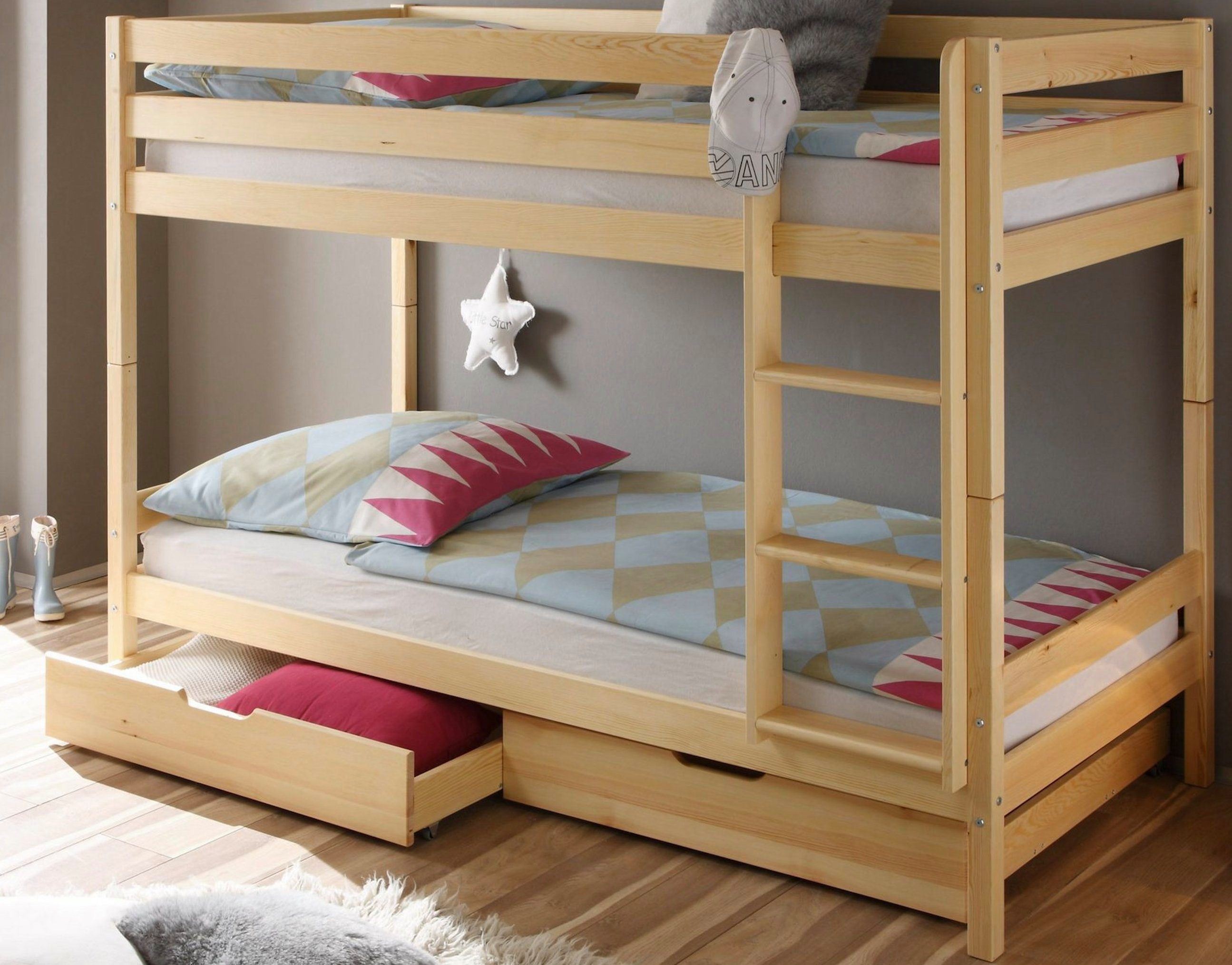 Homeline Etagenbett Hochbett Stock Bett, Etagen, Bett, Kiefer massiv Natur (Mit Schubladen, und Roll Lattenroste, 5-St). Reduzierter Preis € 249,00. Unverbindliche Preisempfehlung € 449,00, (€ 249,00 pro 1 Stk)