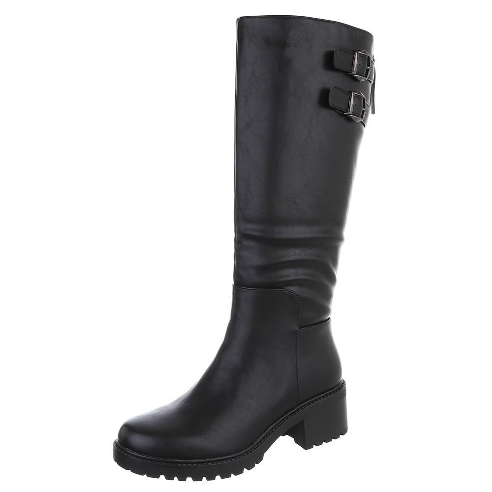 Ital-Design Damen Kniehoher Stiefel mit Schnallen und Blockabsatz Stiefel (92799606) Blockabsatz Stiefel in Schwarz