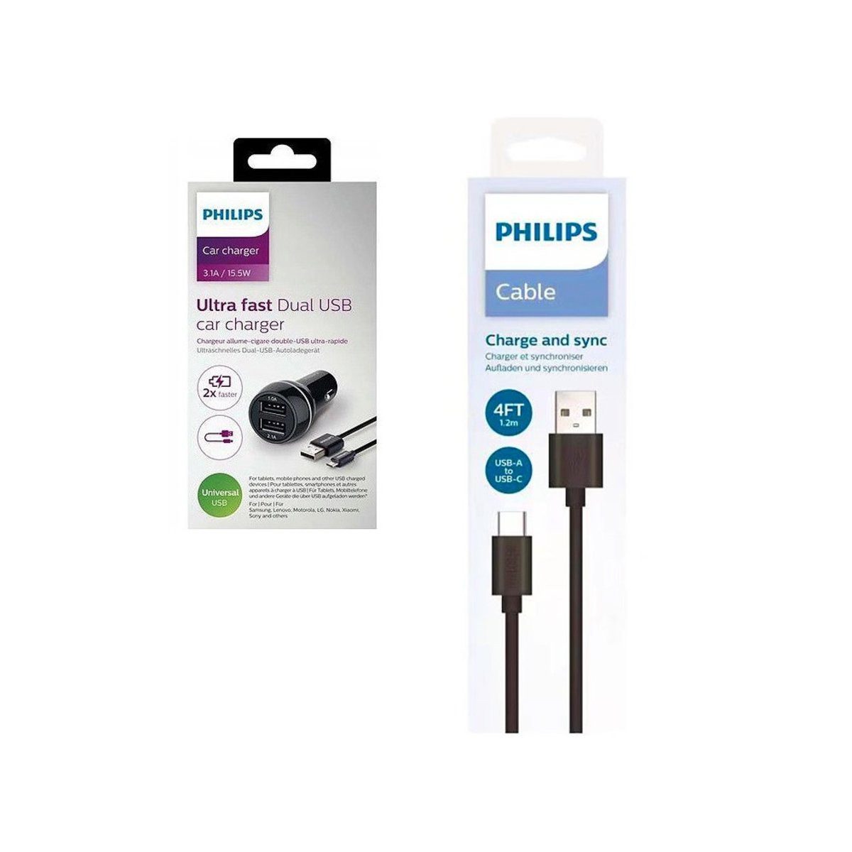Philips Philips Auto-Ladegerät 2XUSB + Kabel USB - Typ-C 3.1A 15.5W Verlängerungskabel