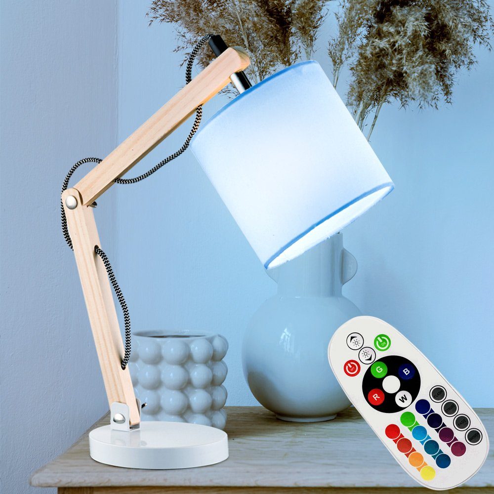 etc-shop LED Schreibtischlampe, Leuchtmittel inklusive, Warmweiß, Farbwechsel, Tisch Lampe Stoff Holz Gelenk Ess Zimmer Lese Leuchte