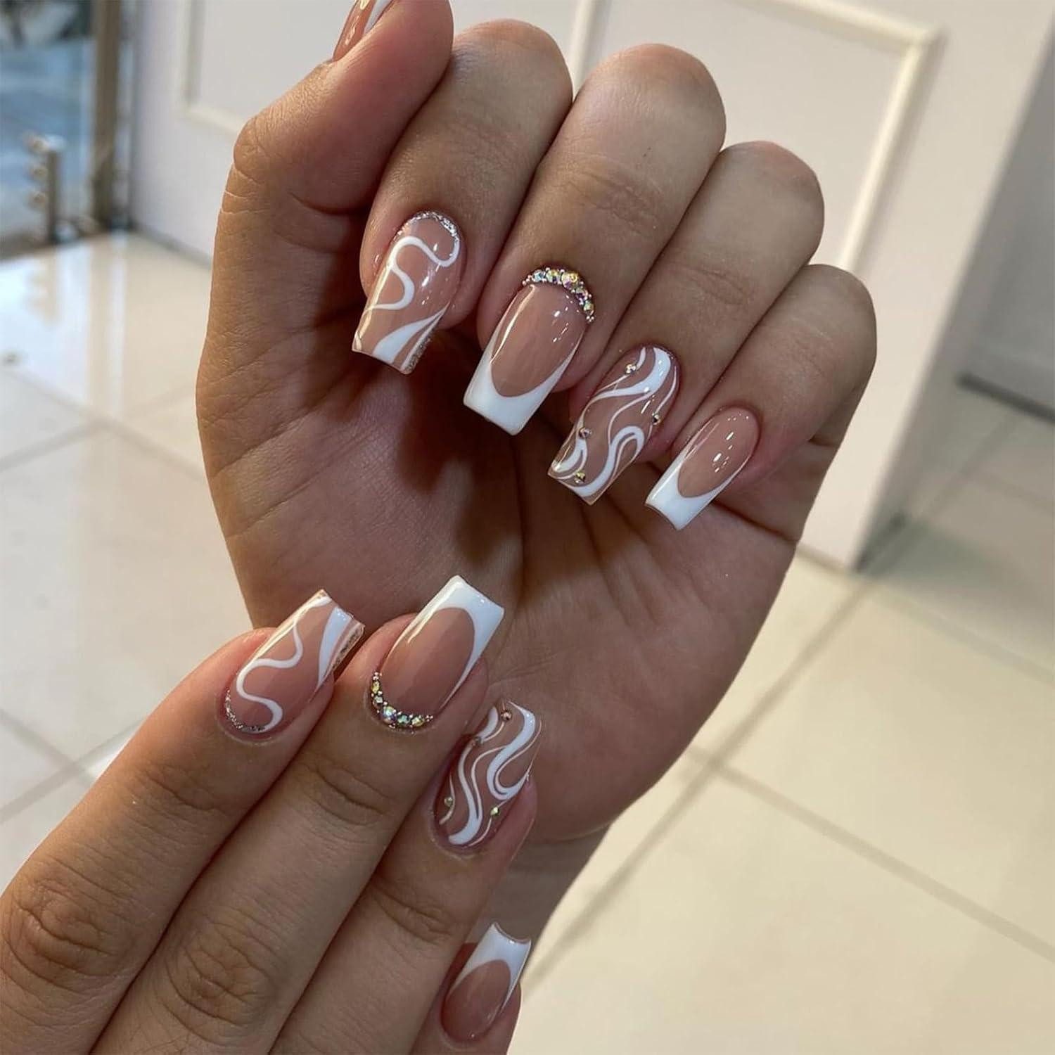 LuxusKollektion Kunstfingernägel Akrylnägel 24 quadratisch französische Spitze Rhinestones Stil-2