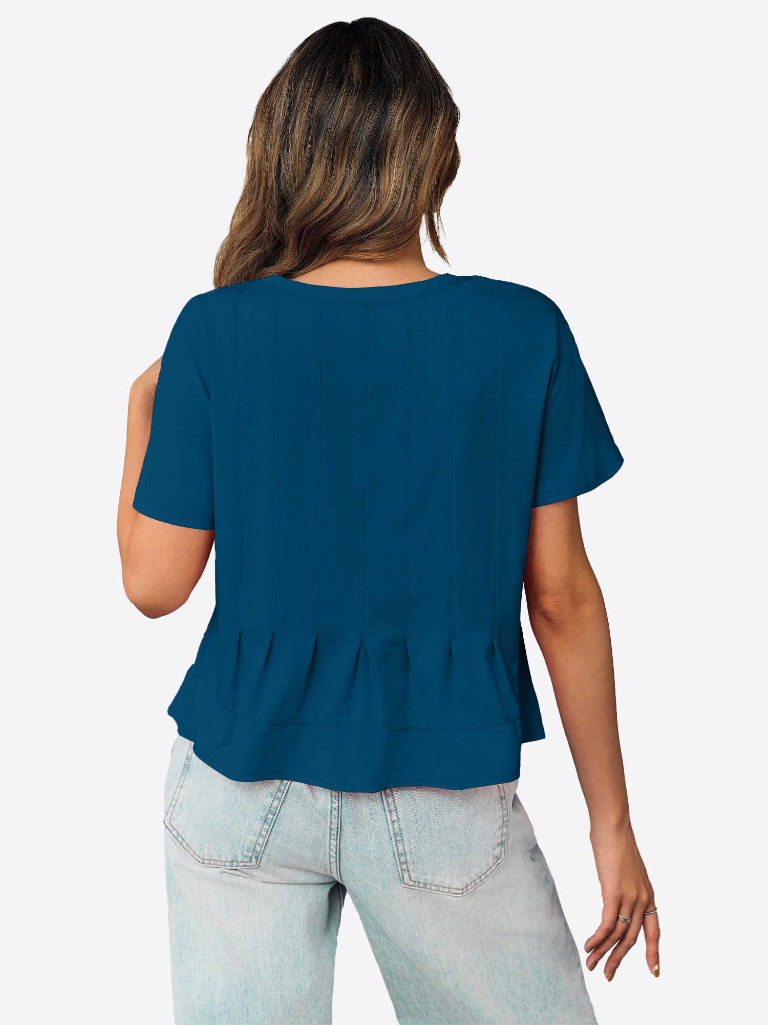 Imily Bela T-Shirt Damen Babydoll Tops mit Schößchen und Falten (Packung, 1-tlg., 1per-Pack) einfarbig