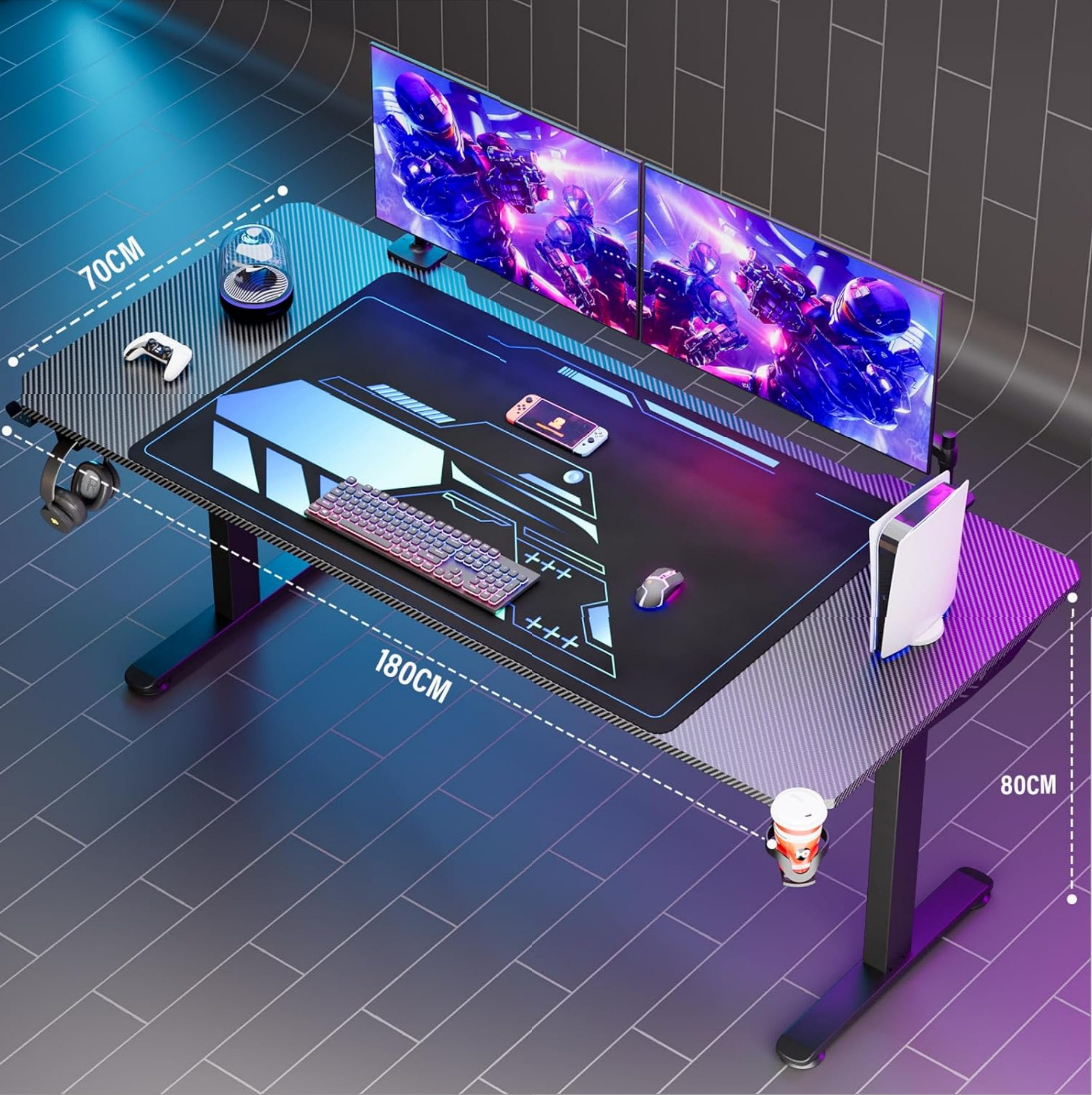 LUCKZON Gamingtisch mit LED-Beleuchtung, Kohlefaseroberfläche, Kabelmanagem günstig online kaufen