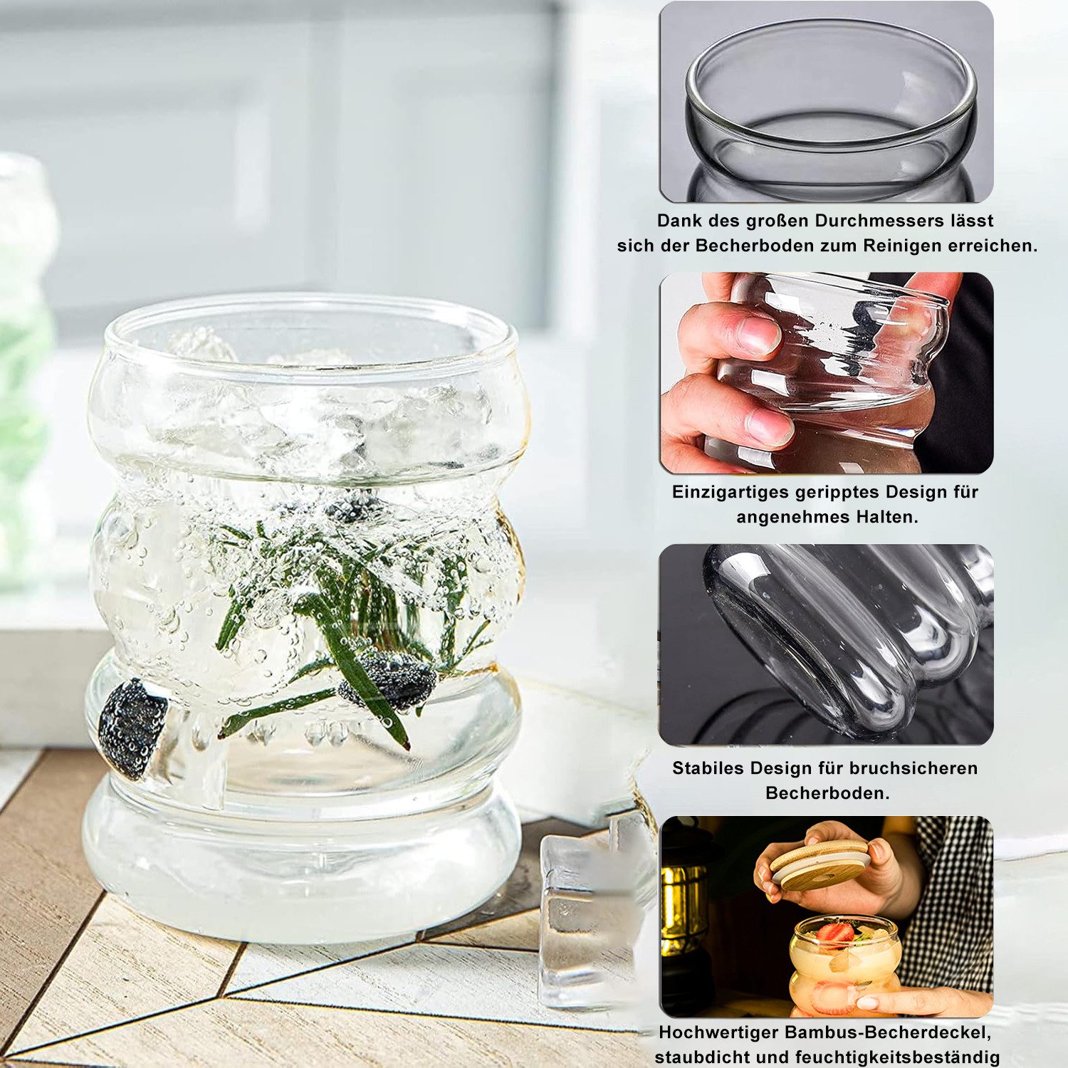 Refined Living Gläser-Set Trinkgläser gewellt 4er Set 350ml mit deckel, Glasstrohhalmen, Bürsten, Glas, gerippte trinkgläser bubble gläser, wave gläser, Cocktail Gläser