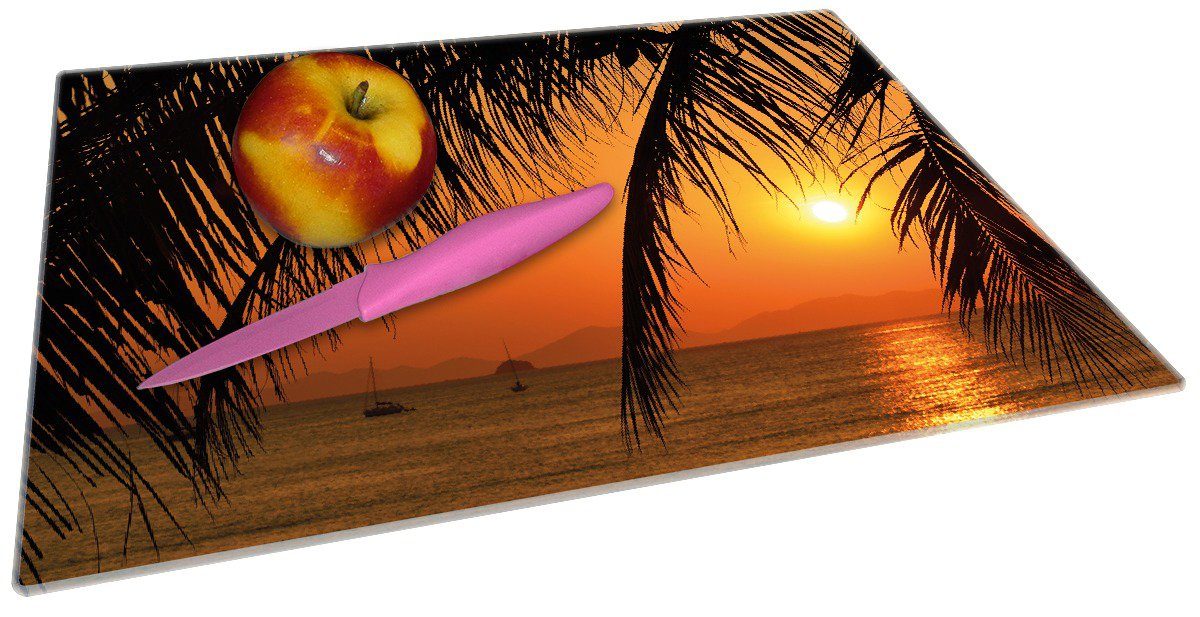 rutschfester Gummifüße 1-St), Wallario 4mm, ESG-Sicherheitsglas, Sonnenuntergang Schneidebrett (inkl. Palmenblättern, unter 30x40cm