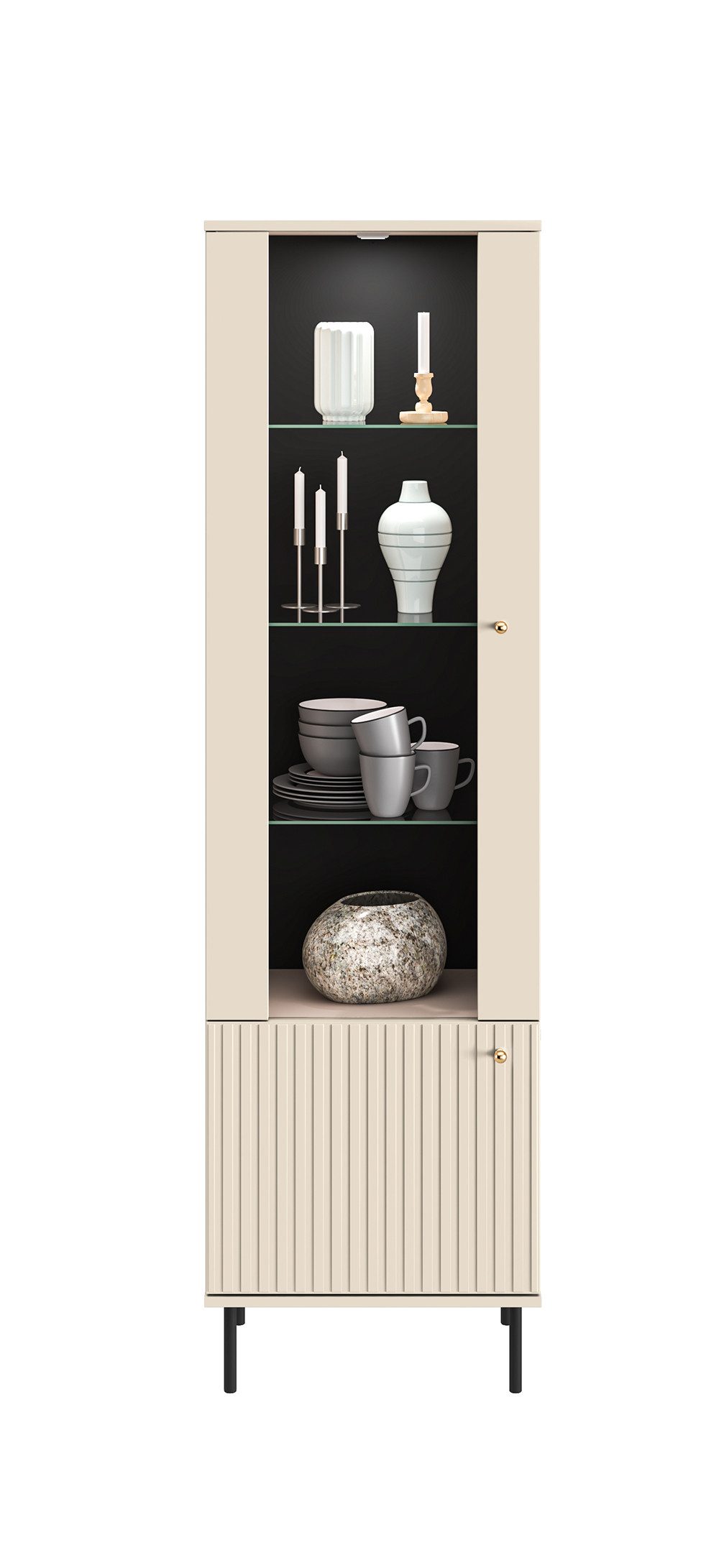 Feldmann-Wohnen Vitrine Sophie (1 Glastür, 1 Holztür, 3 Glaseinlegeböden, 1 Holzboden, 1-St., goldene Metallknopfgriffe und schwarze Metallfüße) 55x40x190cm kaschmir matt mit Beleuchtung