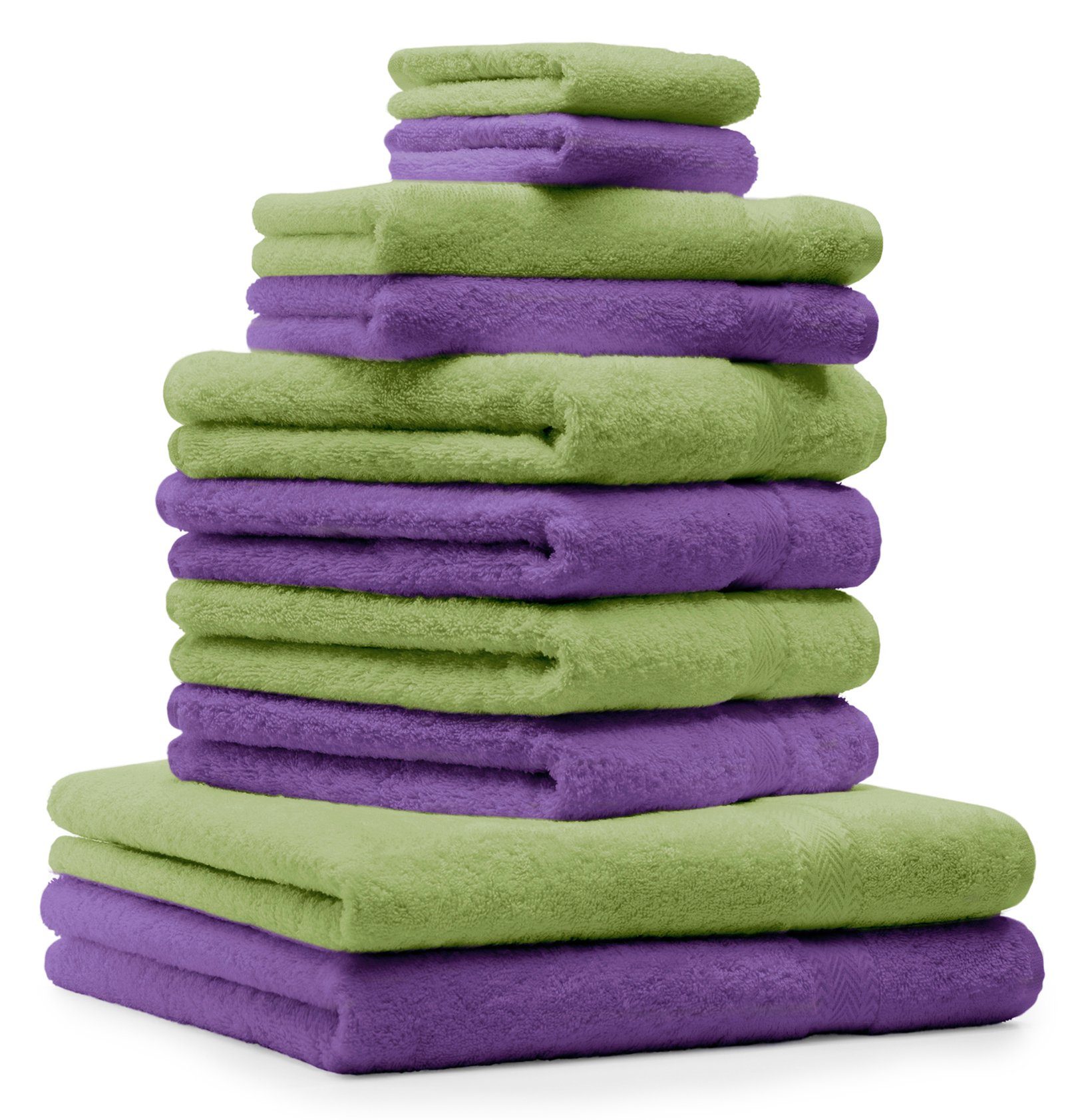 100% (10-tlg) Handtücher Handtuch-Set Premium Farbe 2 Gästetücher 2 Duschtücher Handtuch Grün & 2 Betz Waschhandschuhe 10-TLG. 100% Apfel Lila, Baumwolle, Set 4 Baumwolle