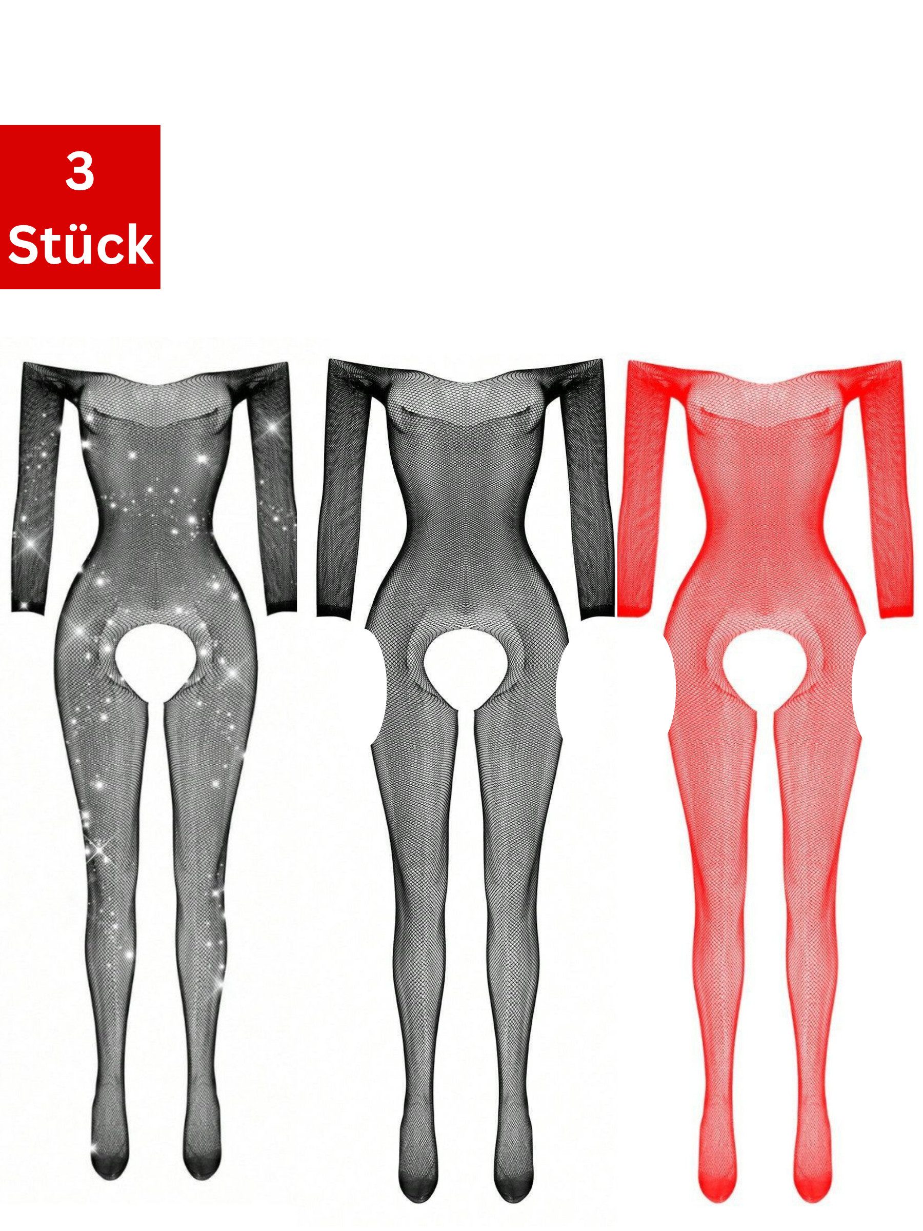 Elegant Love Bodystocking-Ouvert Sexy Netz-Strumpfbody Dessous mit offenem Schritt, S–XL (Packung 3 St) Stilvolle Reizwäsche – Langarm-Body für besondere Momente
