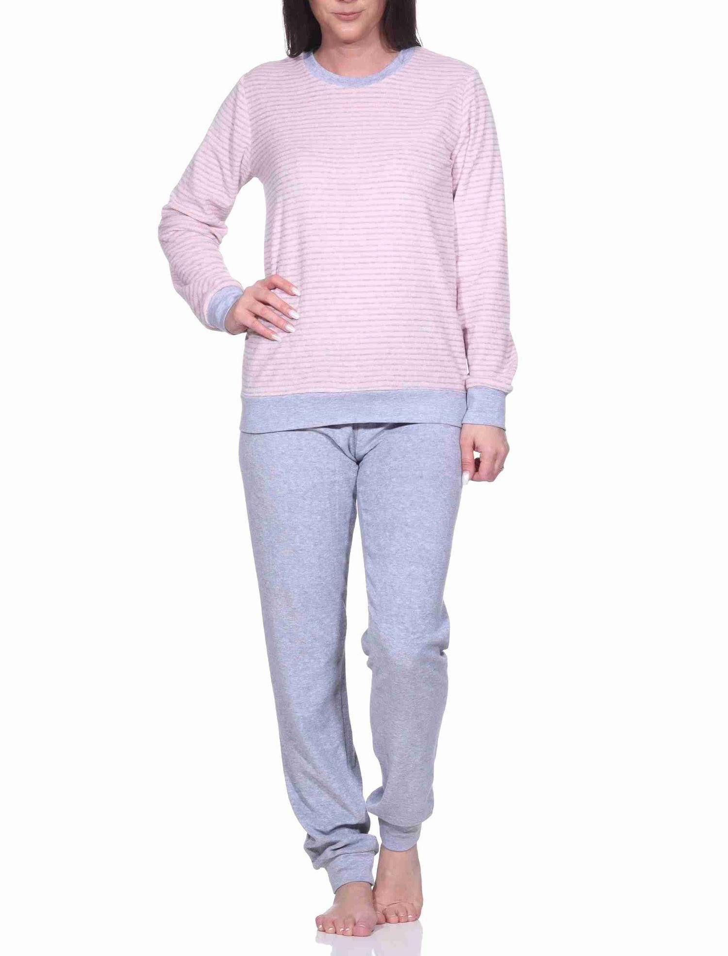 Pyjama Damen Frottee Pyjama langarm mit Bündchen in Streifenoptik