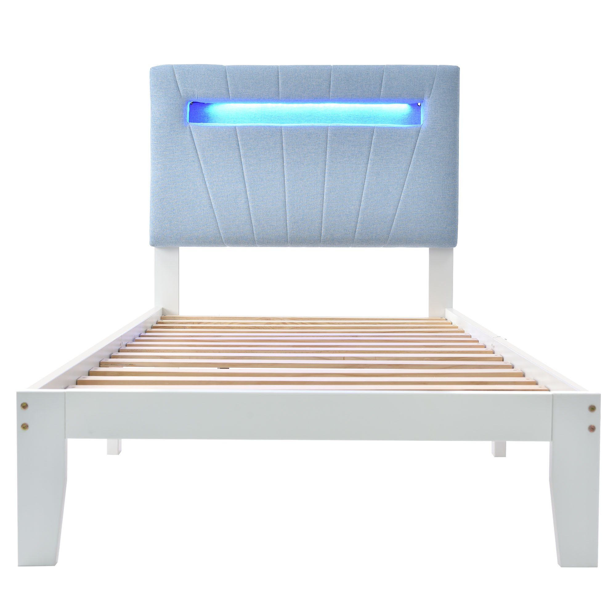 Massivholzbett (Einzelbett Jugendbett), mit LED-Beleuchtung & Polsterkopfteil, 90x200cm