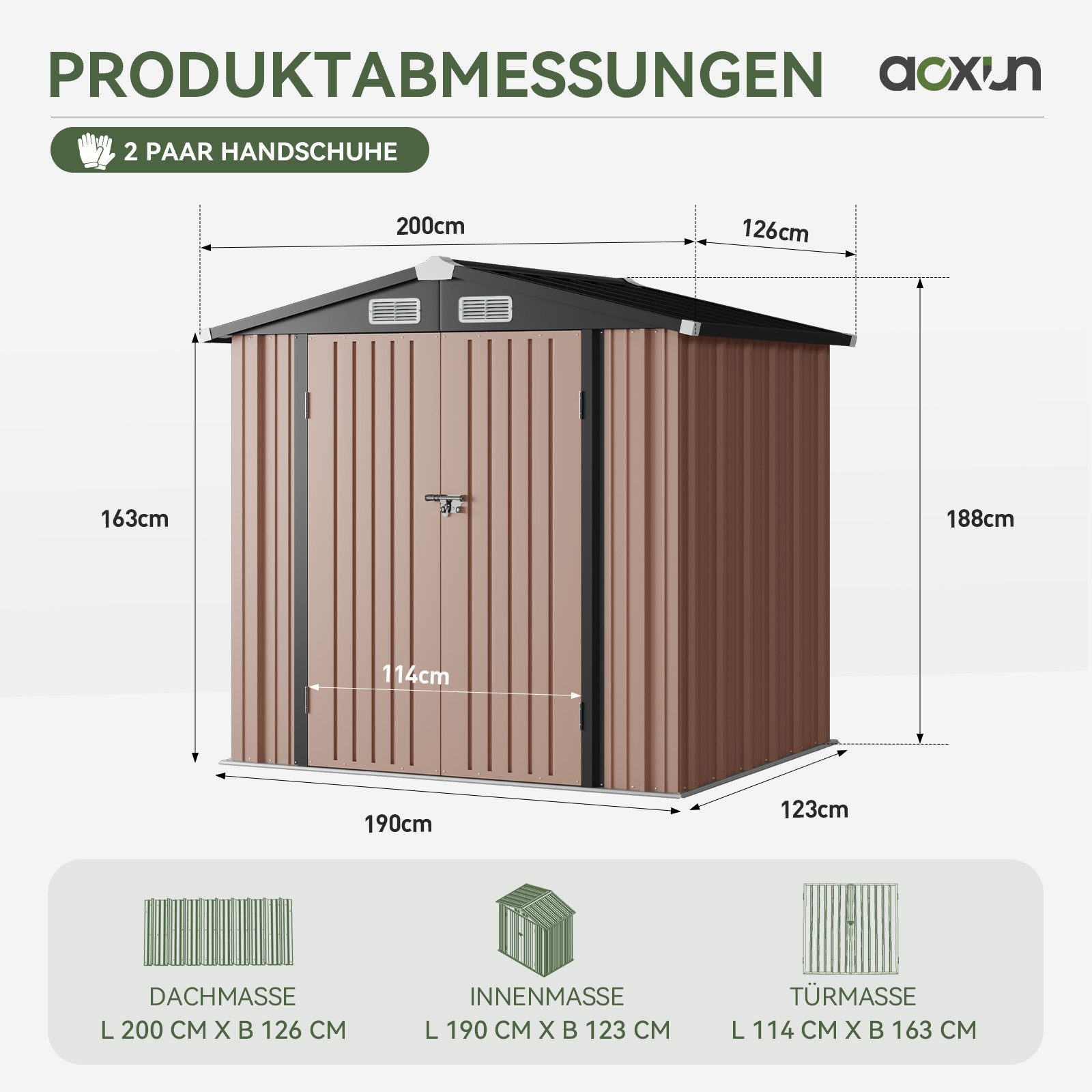 AOXUN Gerätehaus für Garten & Rad, 2,52 m² mit abschließbarer Tür und Schrägdach, BxT: 200x126 cm, (1 St), 200x126x188cm, für Pool und Terrasse