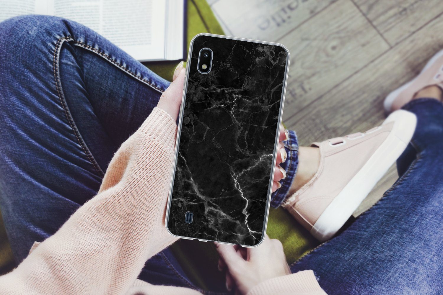 MuchoWow Handyhülle für Samsung Galaxy A10 Marmor - Schwarz - Weiß - Textur - Marmoroptik, Smartphone-Bumper, Print, Handy Schutzhülle Dünn